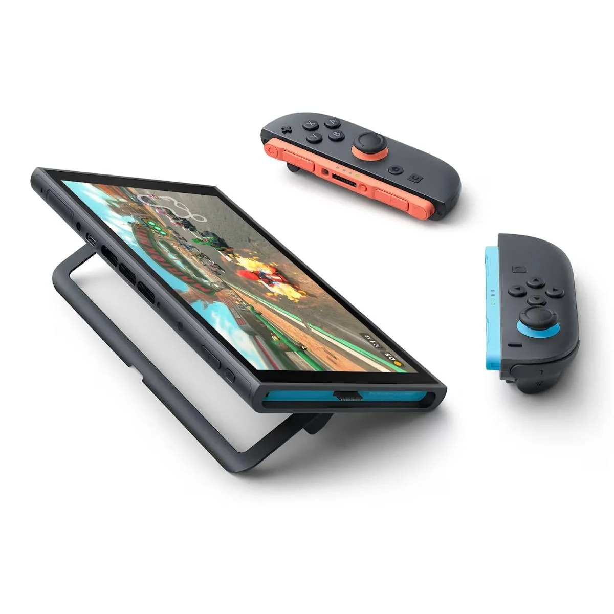 Nintendo Switch Konsole mit Bildschirm und zwei Joy-Cons. Ein Joy-Con ist befestigt. Ein Spiel ist auf dem Bildschirm sichtbar.
