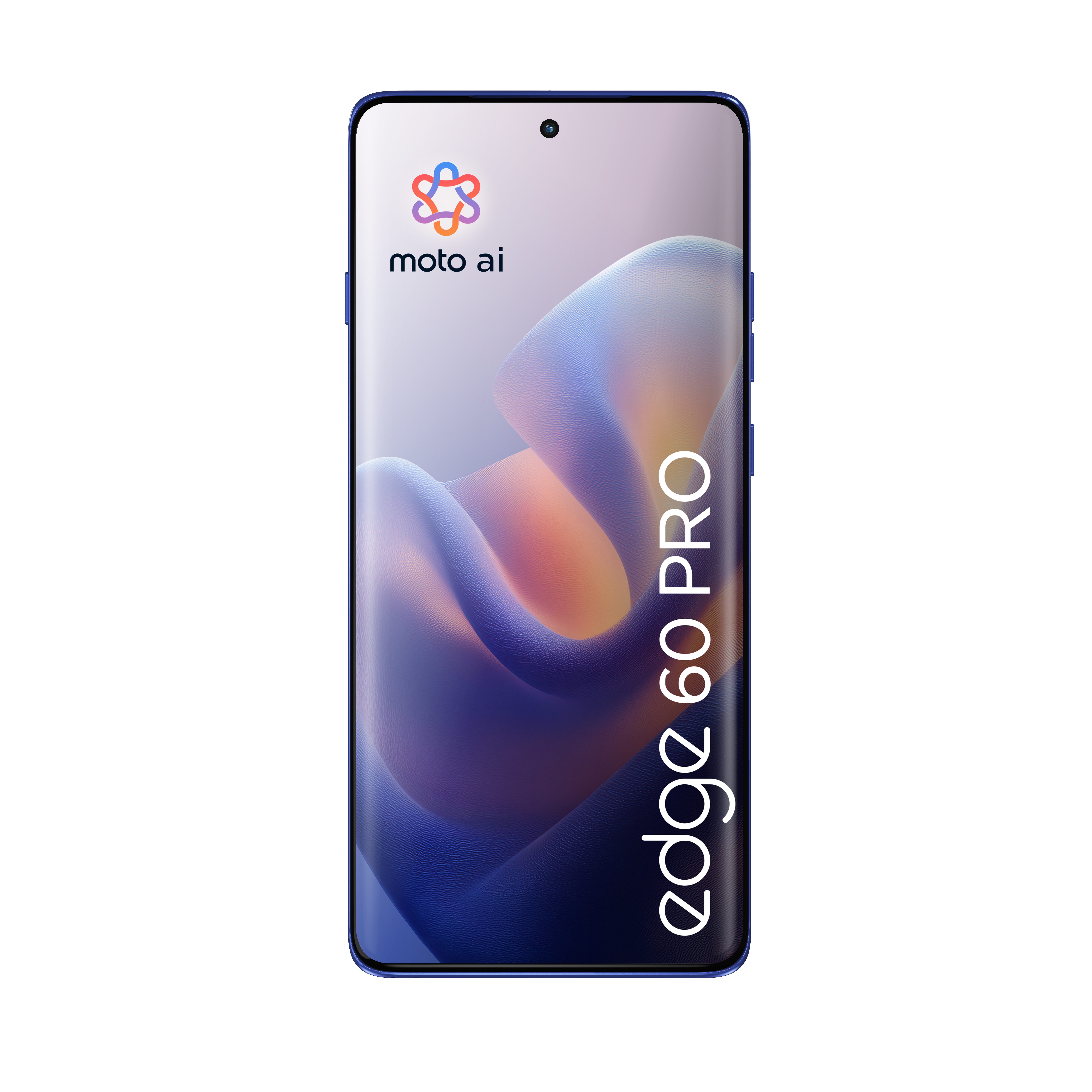 Niebieski telefon Moto Edge 60 Pro. Ekran pokazuje kolorowy design. Logo Moto ai u góry.