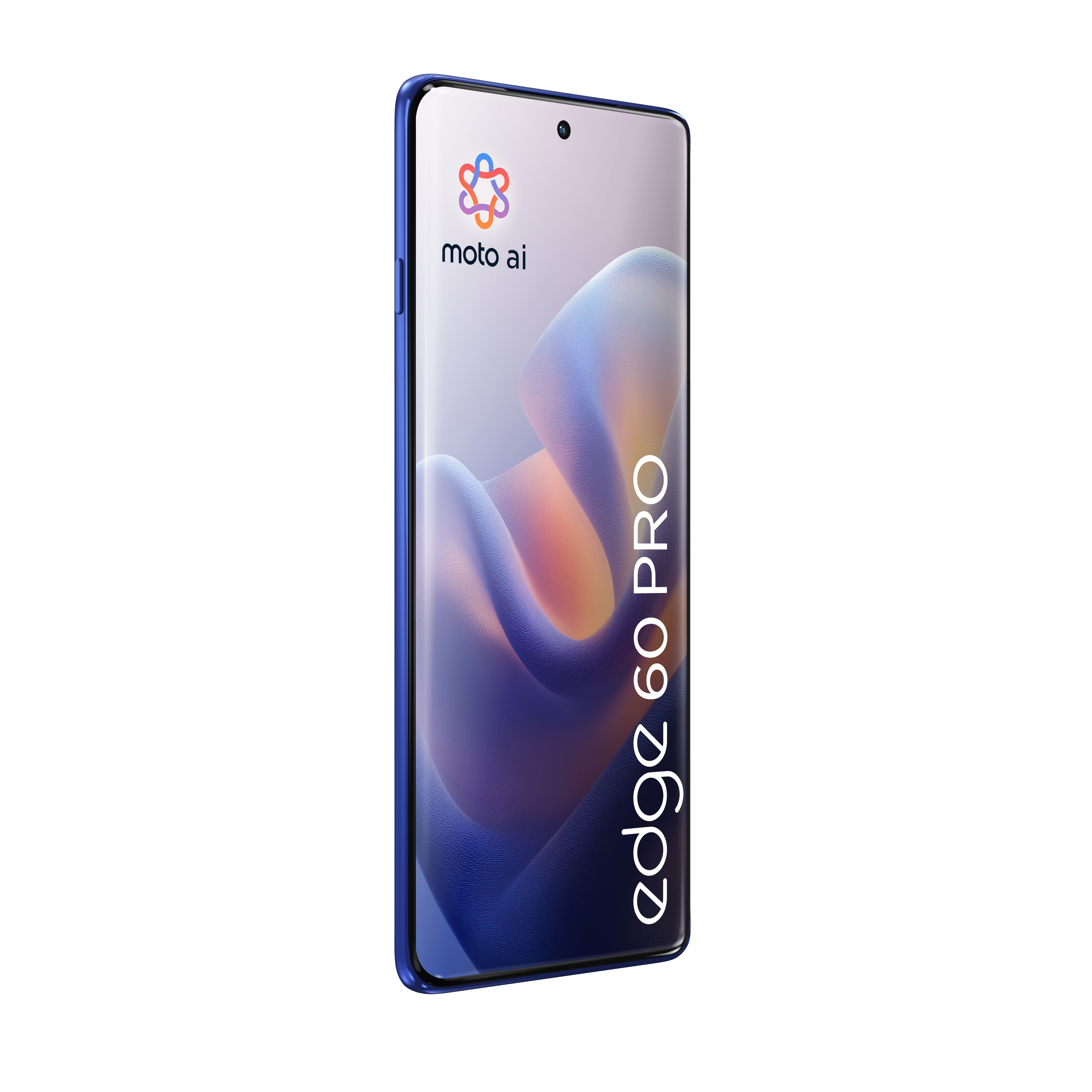 Niebieski telefon Moto Edge 60 Pro pod kątem. Ekran pokazuje kolorowy design. Logo Moto ai u góry.