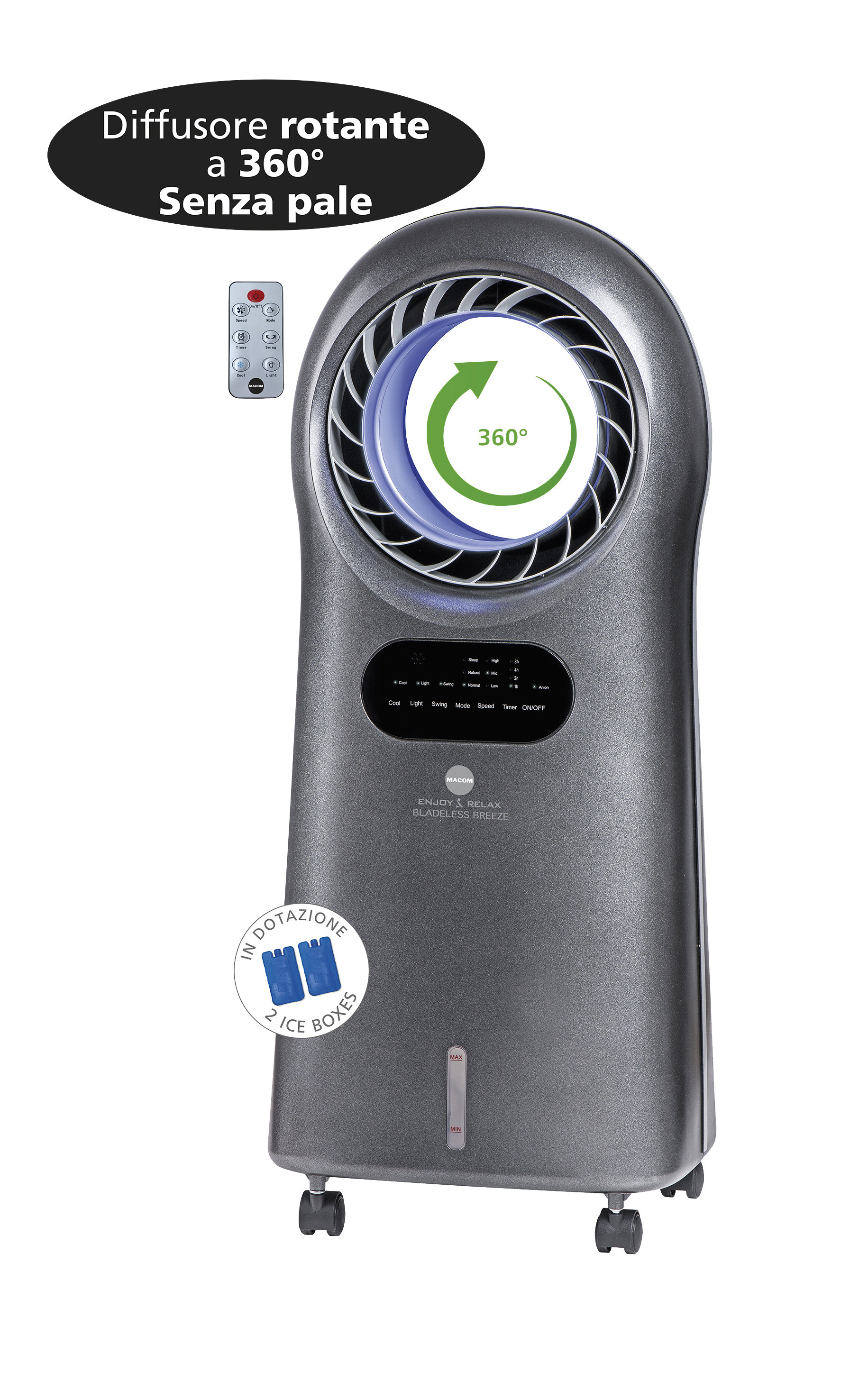 Condizionatore d'aria grigio senza pale con telecomando, pannello, cubetti ghiaccio, indicatore 360°, testo su sfondo bianco.