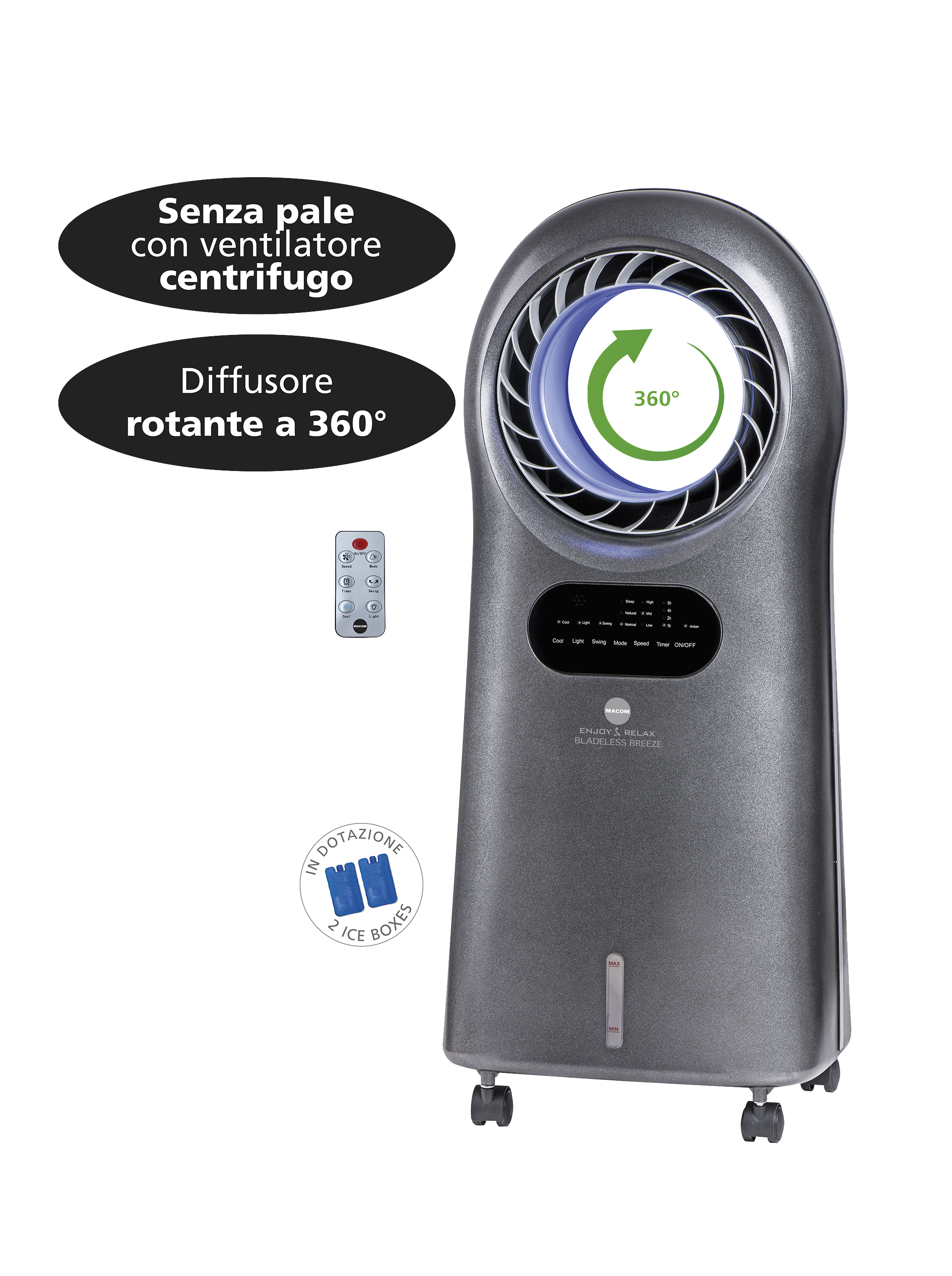 Condizionatore grigio senza pale, telecomando, pannello, cubetti ghiaccio, indicatore 360°, testo su sfondo bianco.