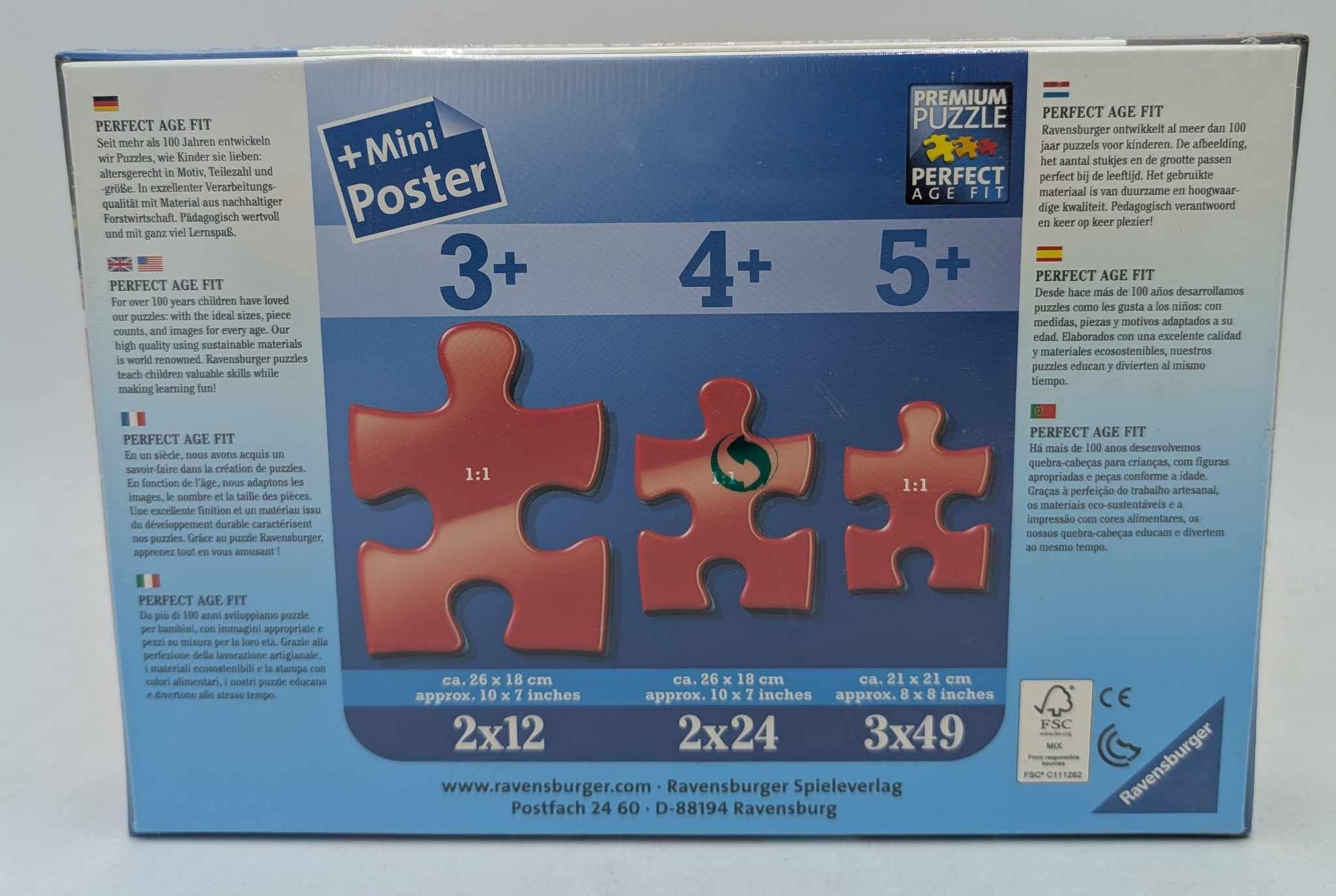 Puzzledose mit roten, rosa und orangefarbenen Puzzleteilen. Der Text enthält "Perfect Age Fit" und Puzzledetails.