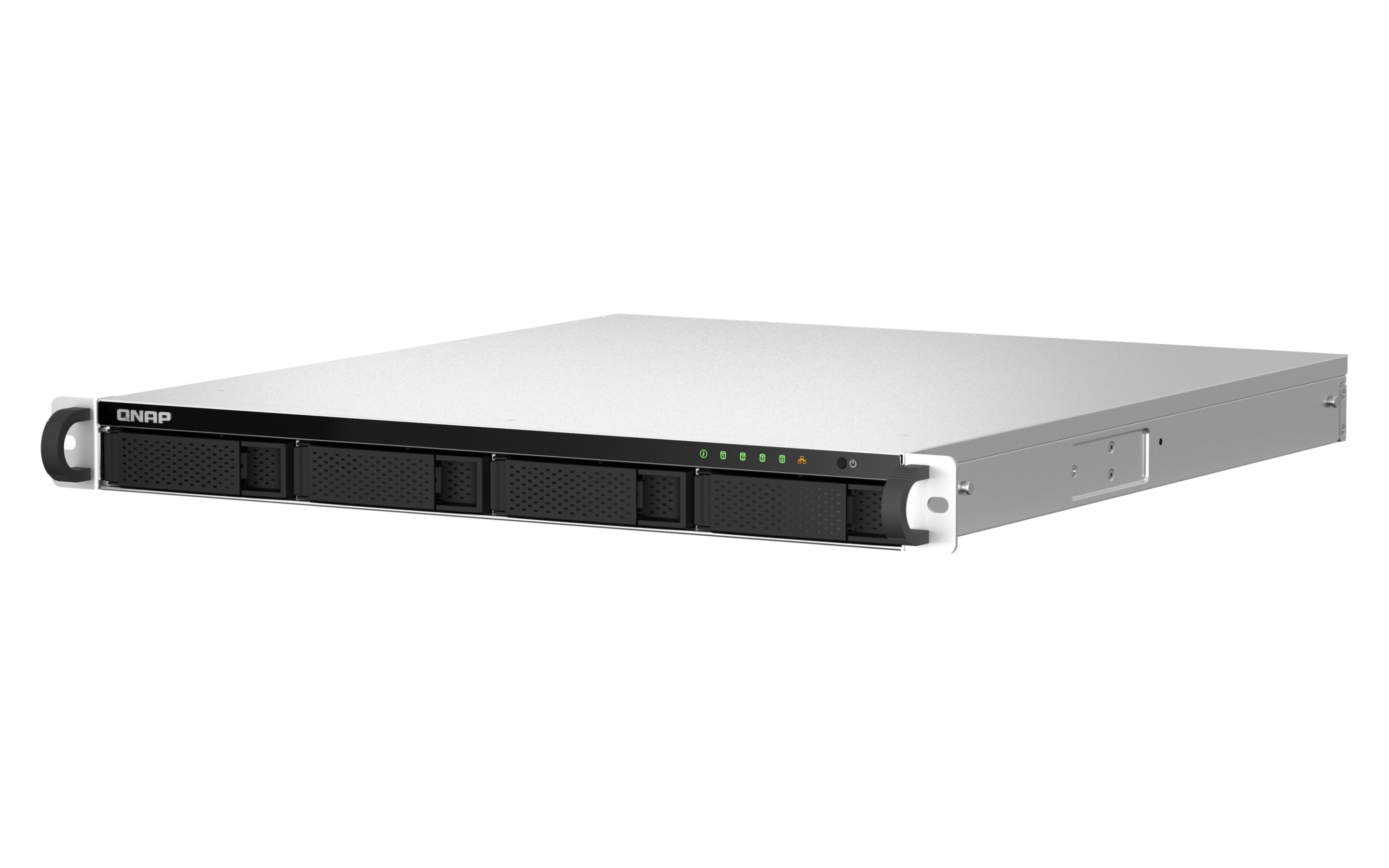 Server QNAP argentato. Il pannello frontale presenta alloggiamenti per unità e spie.
