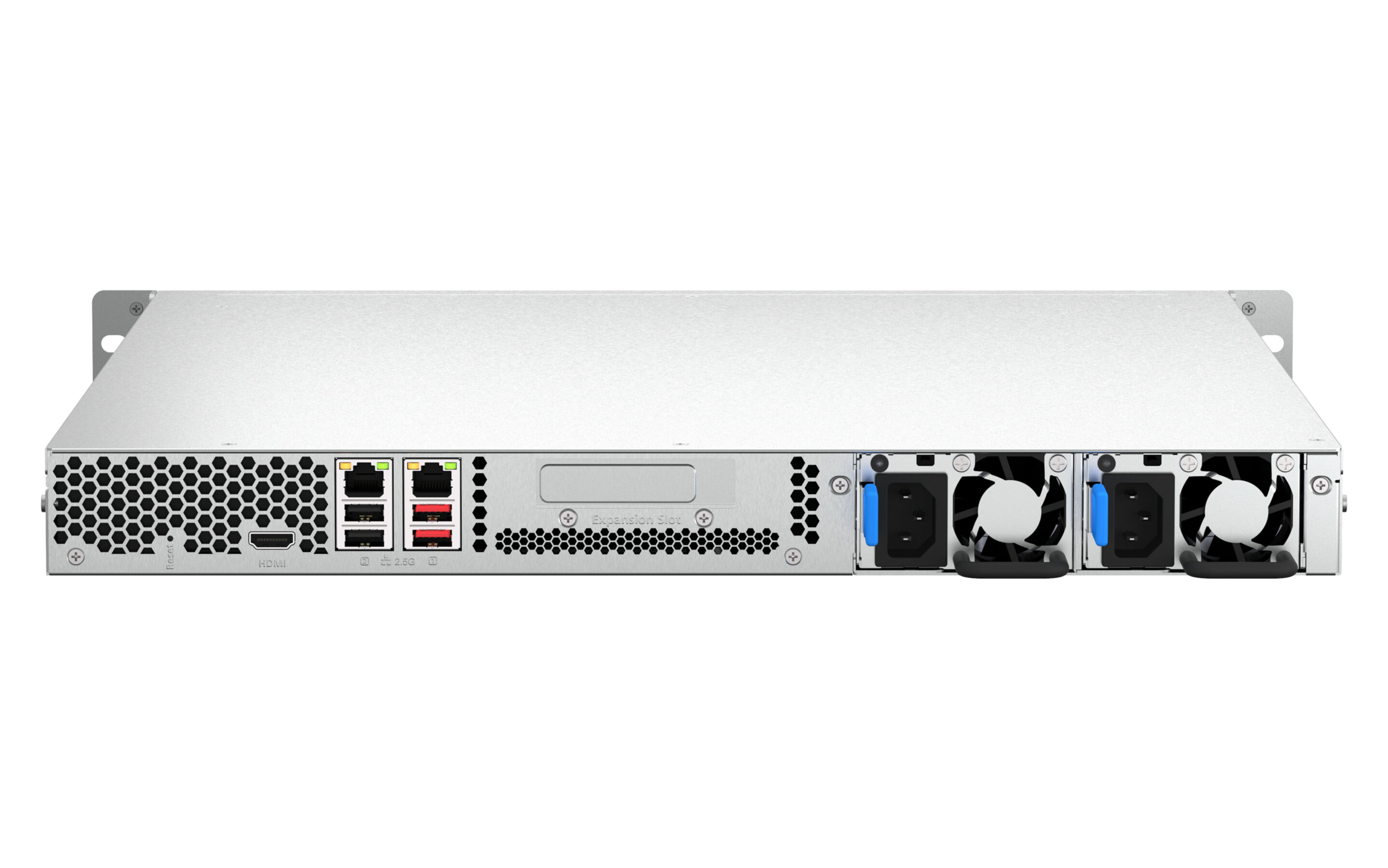 Pannello posteriore server argentato con porte, ventole e uno slot di espansione.
