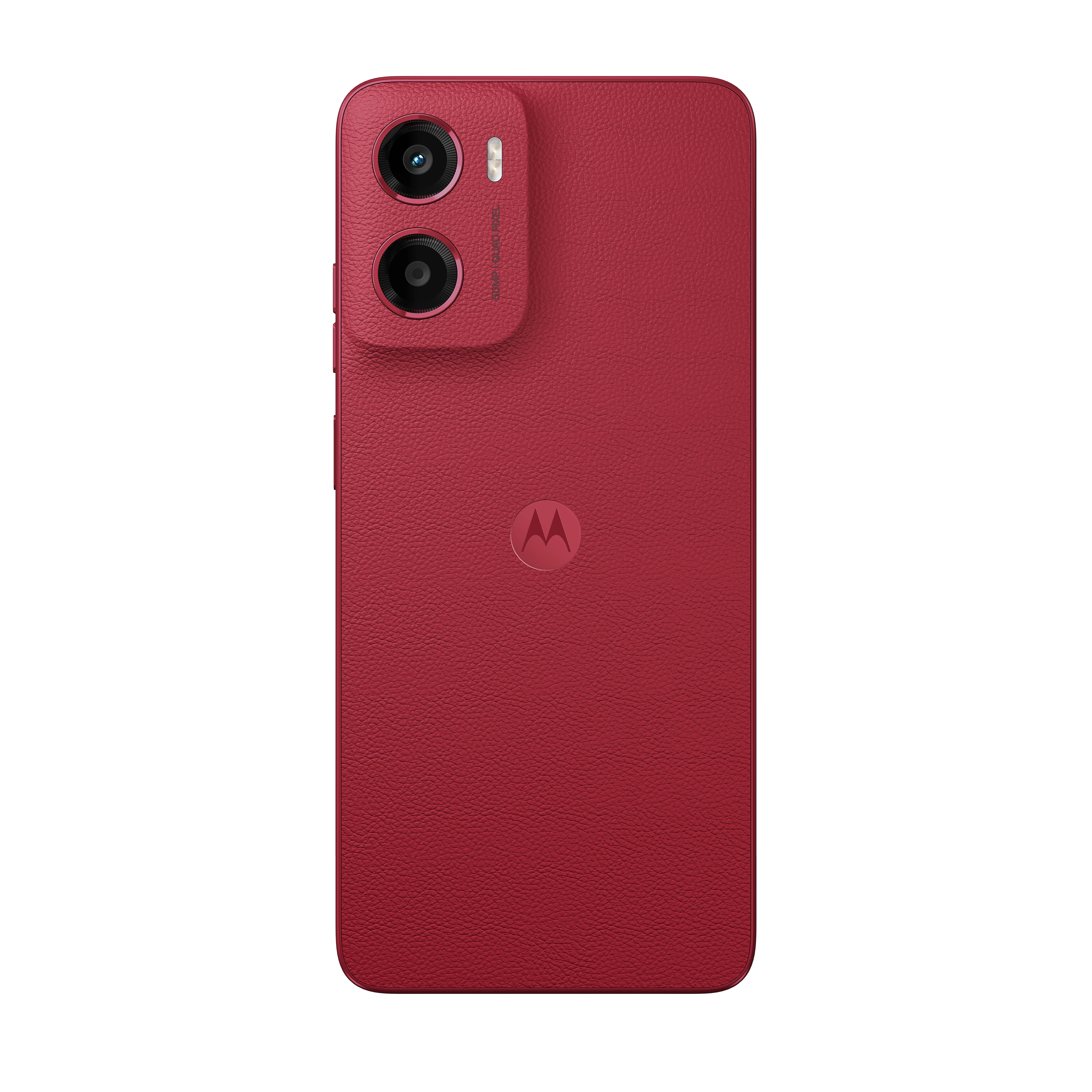 Czerwony telefon Motorola z podwójnym aparatem, teksturowanym tyłem i logo Motorola na białym tle.
