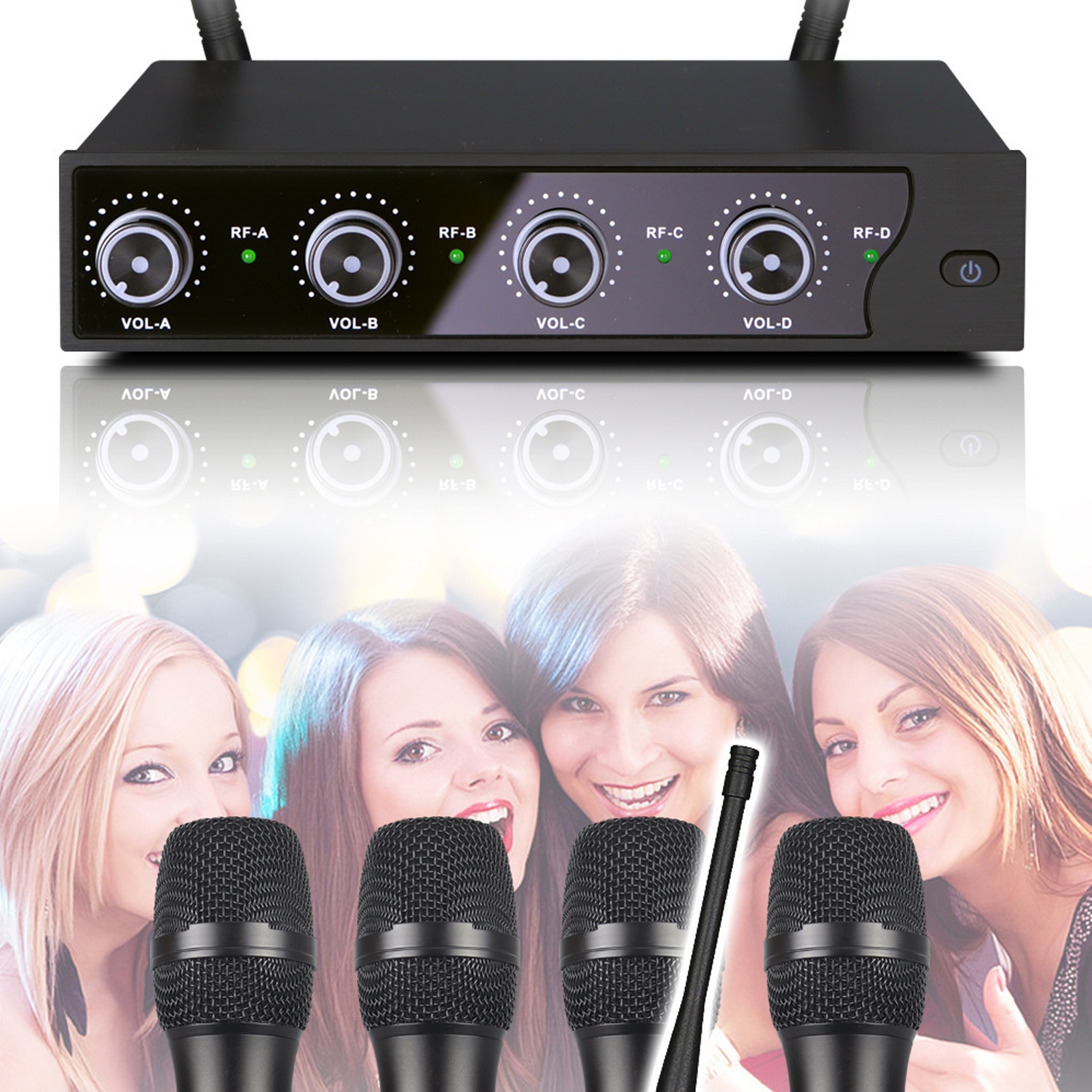 Zwarte audio-ontvanger met draaiknoppen en microfoons. Vier lachende vrouwen op de achtergrond. De afbeelding heeft een feestthema.