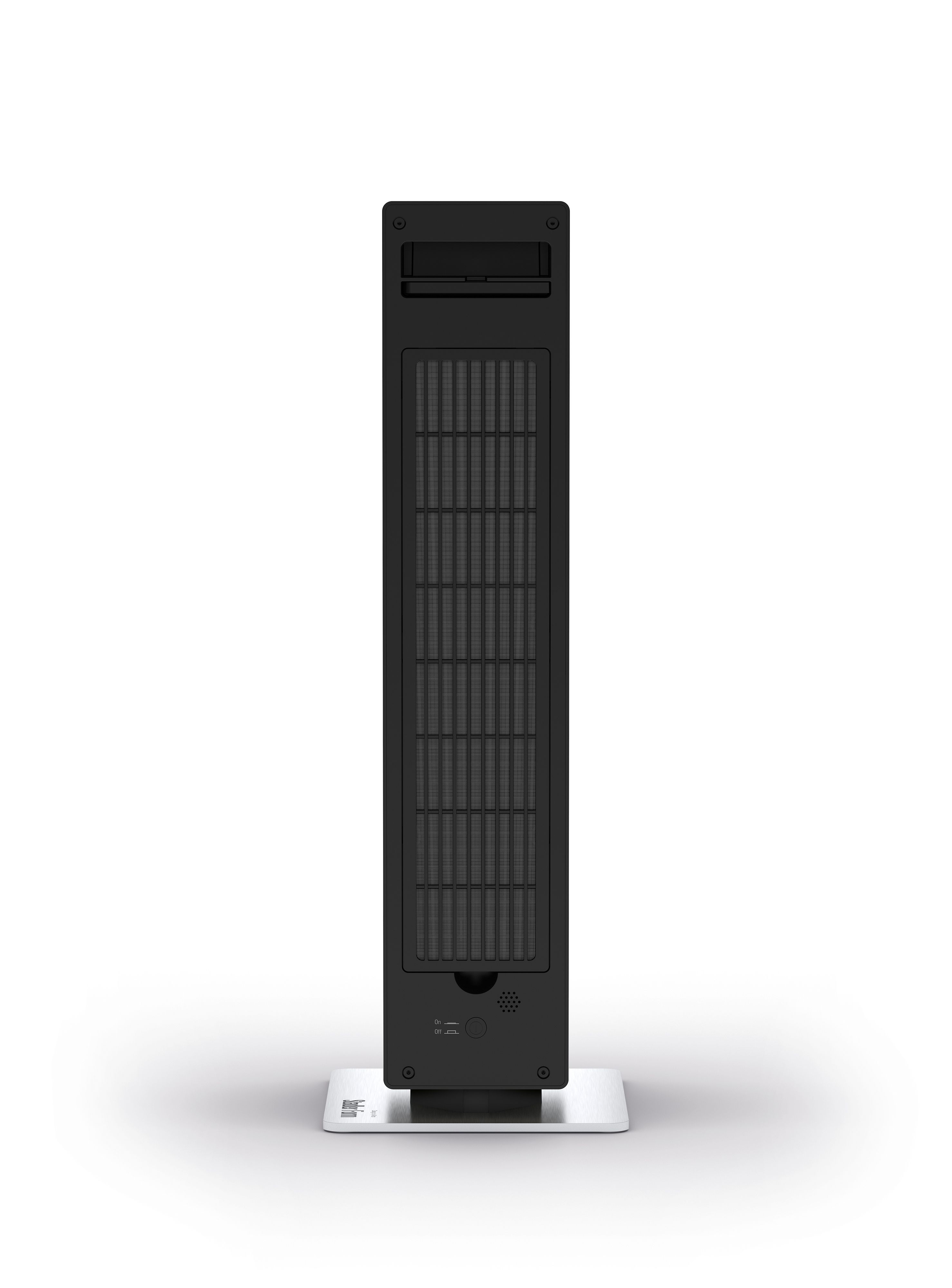 Zwarte luchtreiniger op witte achtergrond. Verticaal, met ventilatie. Zilveren basis.