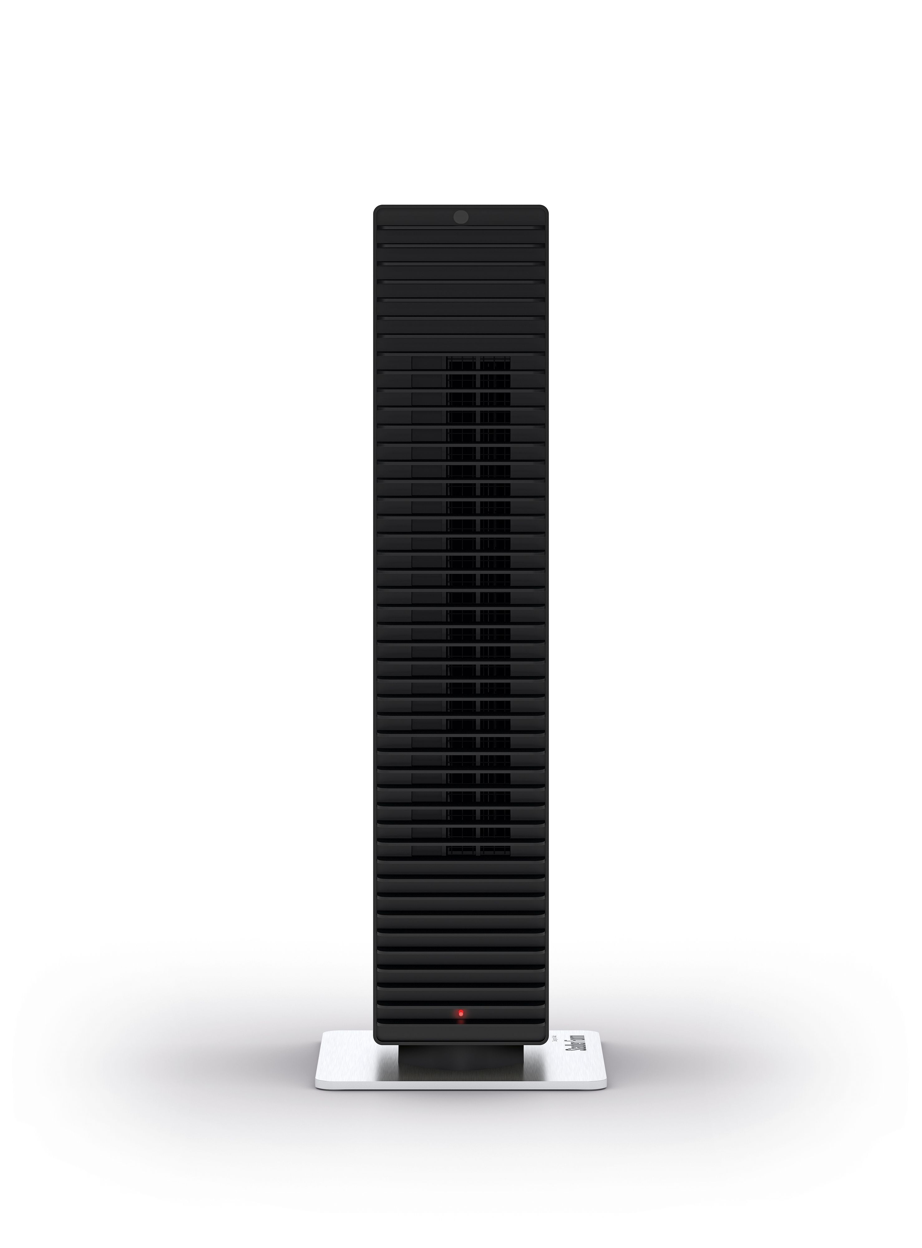 Zwarte luchtreiniger. Verticaal, met ventilatie. Rood licht aan de basis.