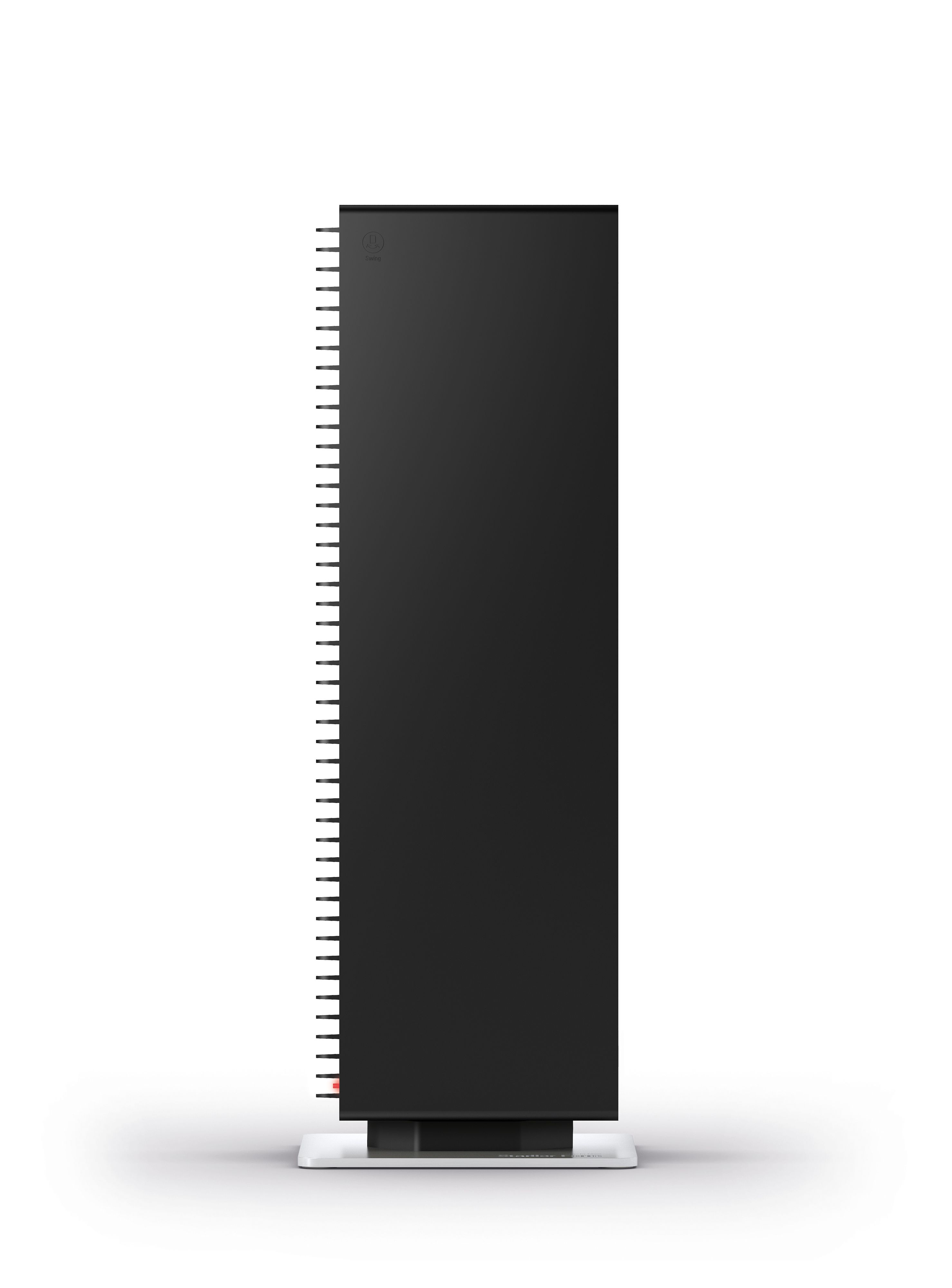 Zwarte luchtreiniger. Verticaal, met ventilatie. Witte basis. Zijaanzicht.