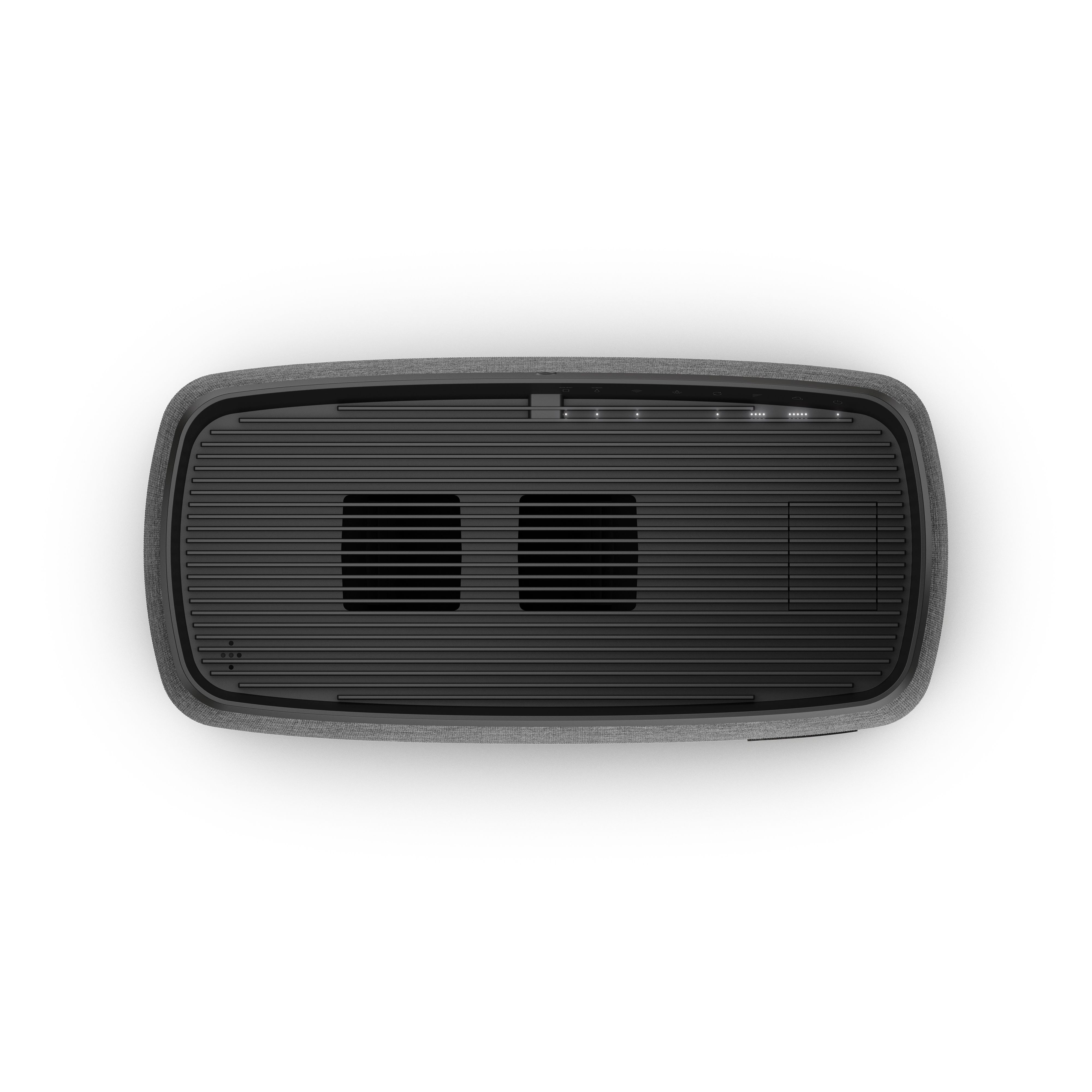 Top view of a gray air purifier with black vents on top.