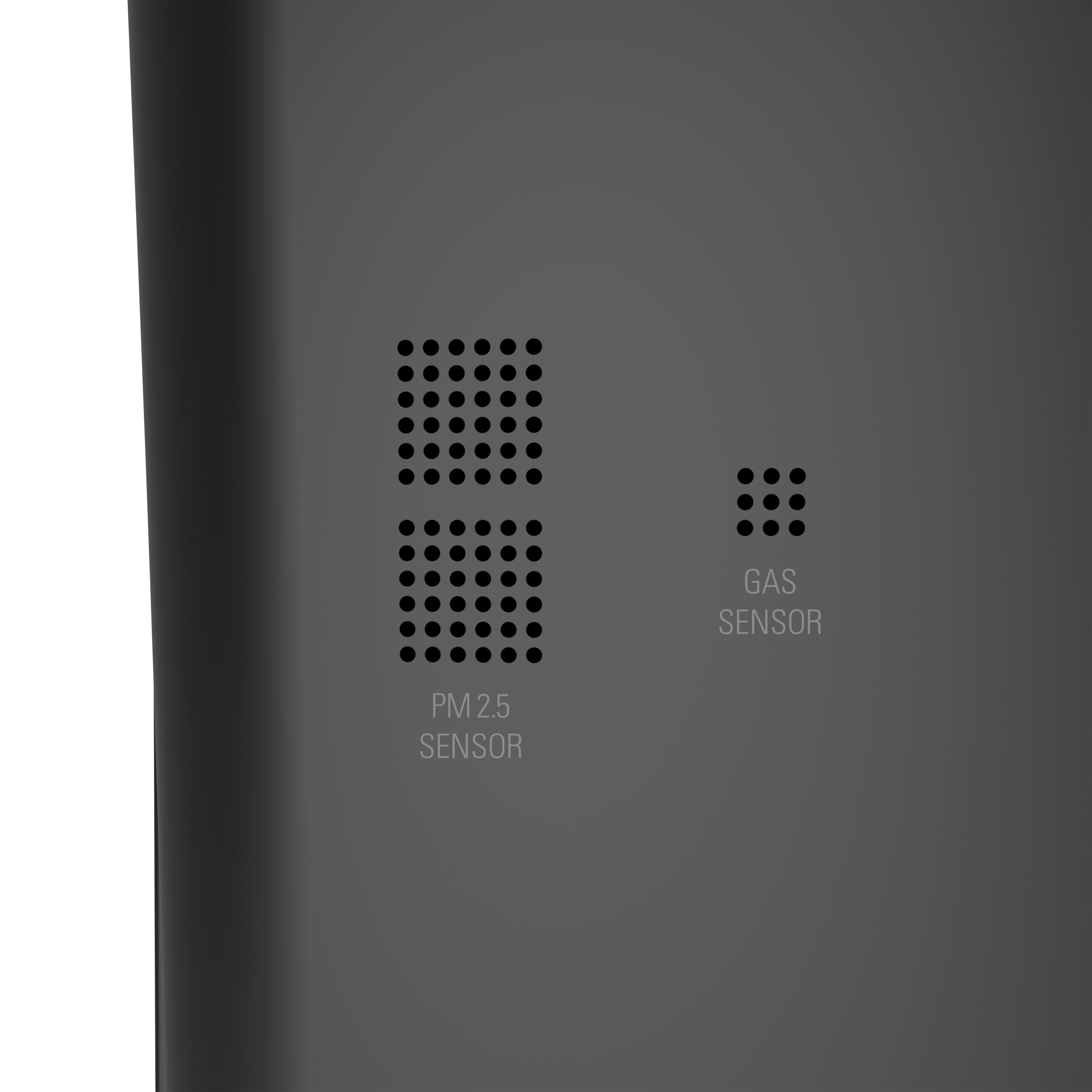 Close up of air purifier. PM 2.5 & gas sensor details. Black surface. Small holes. Text 'PM 2.5 Sensor' & 'Gas Sensor'.