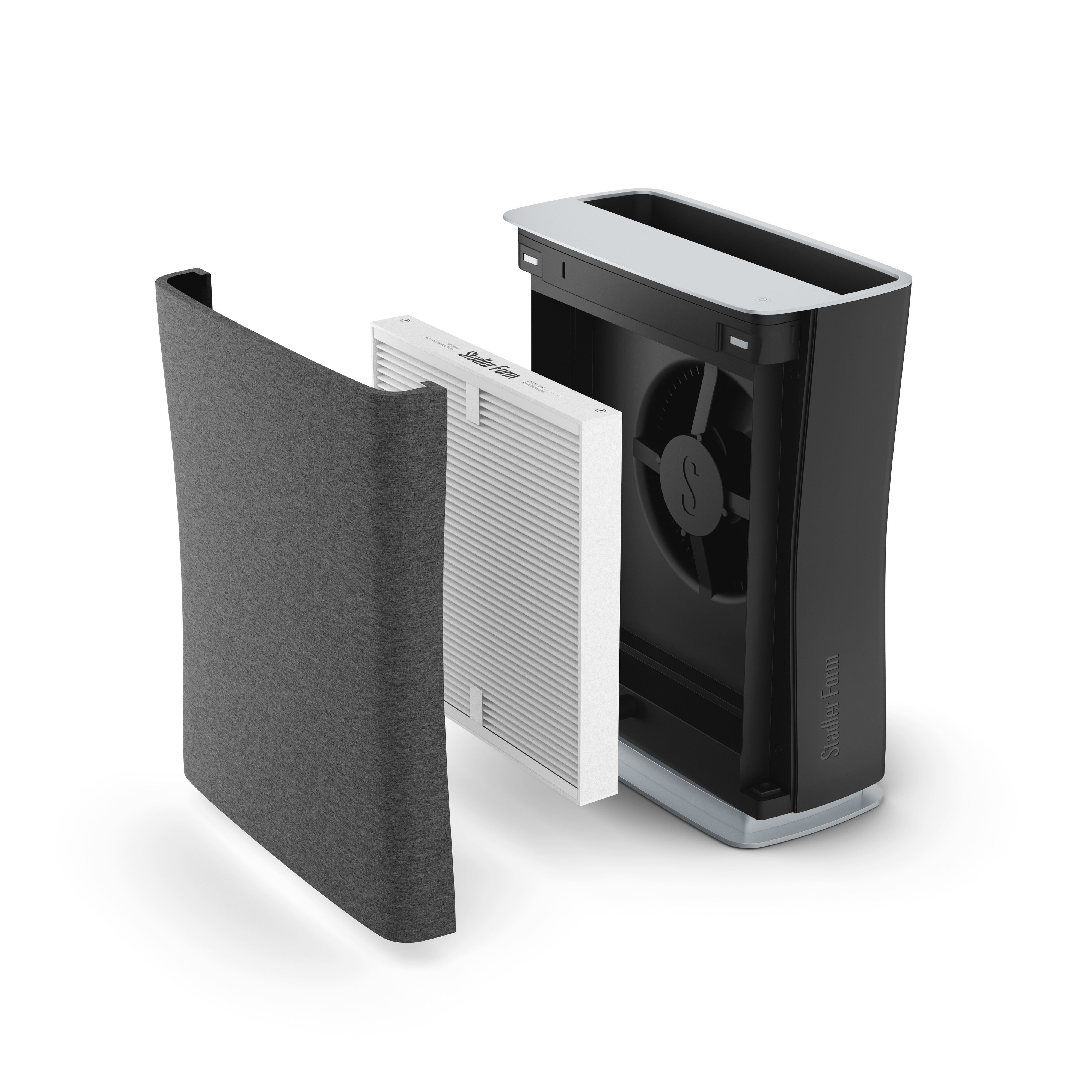 An air purifier with the side panel and filter separated, showing internal components.