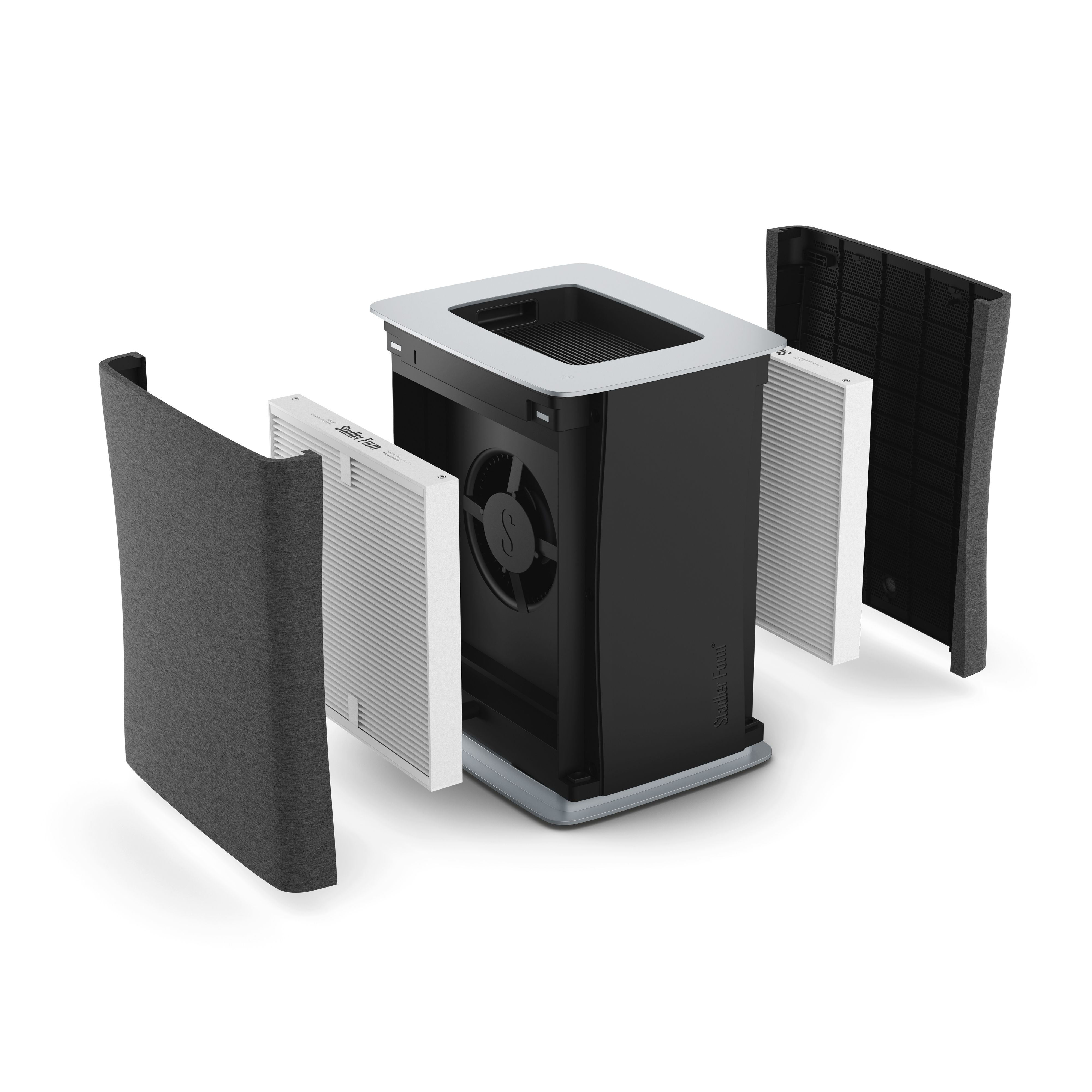 An air purifier with filters and the fan visible, exploded view.