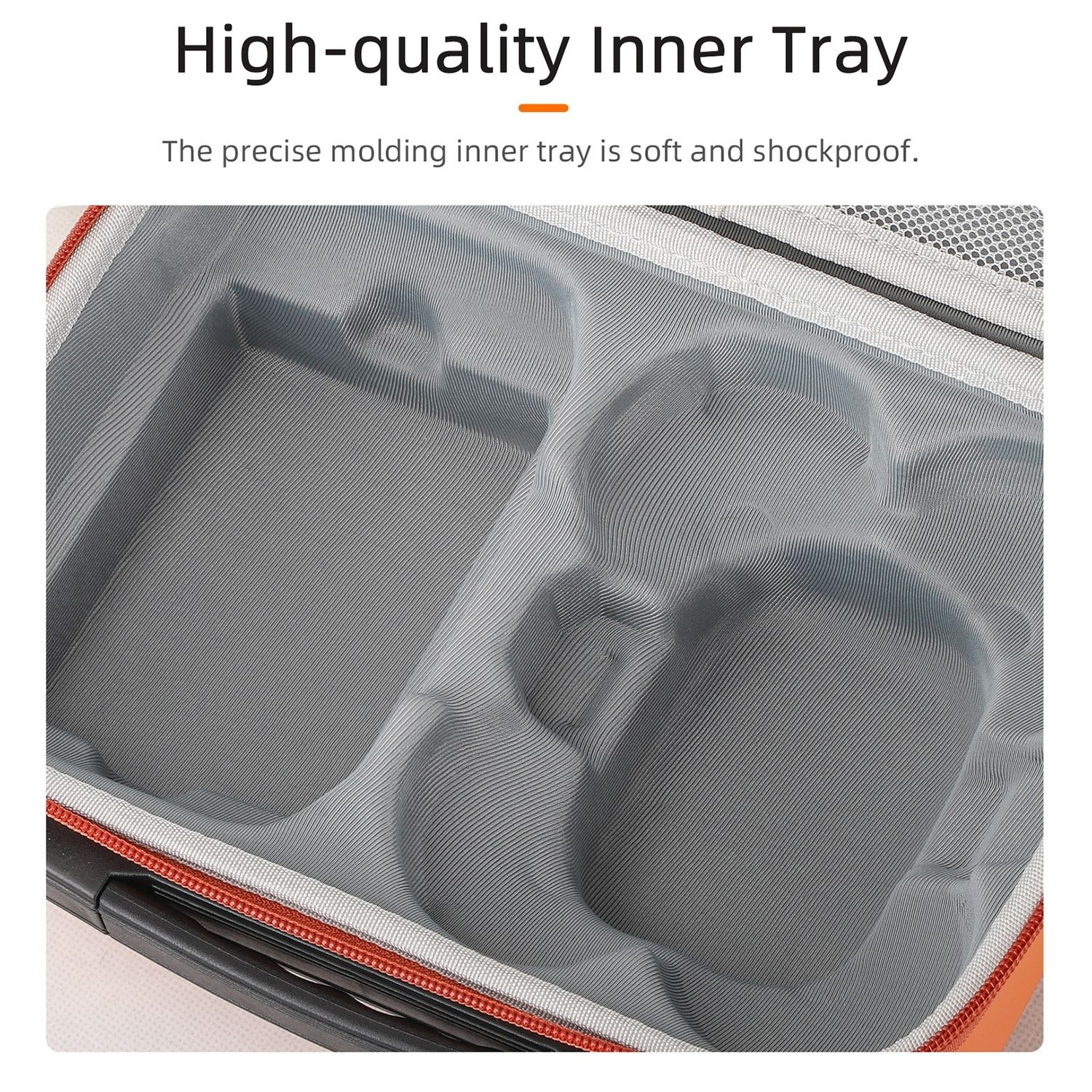 Vassoio interno grigio con scomparti per droni all'interno di una custodia arancione. Testo: Vassoio interno di alta qualità.