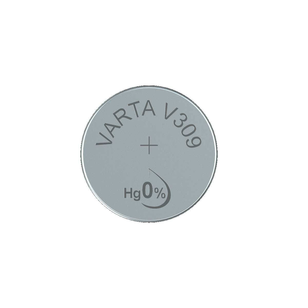 Pila Varta V309 argentata. Ha un segno più, Hg 0% e un simbolo a goccia. Il testo recita VARTA V309.