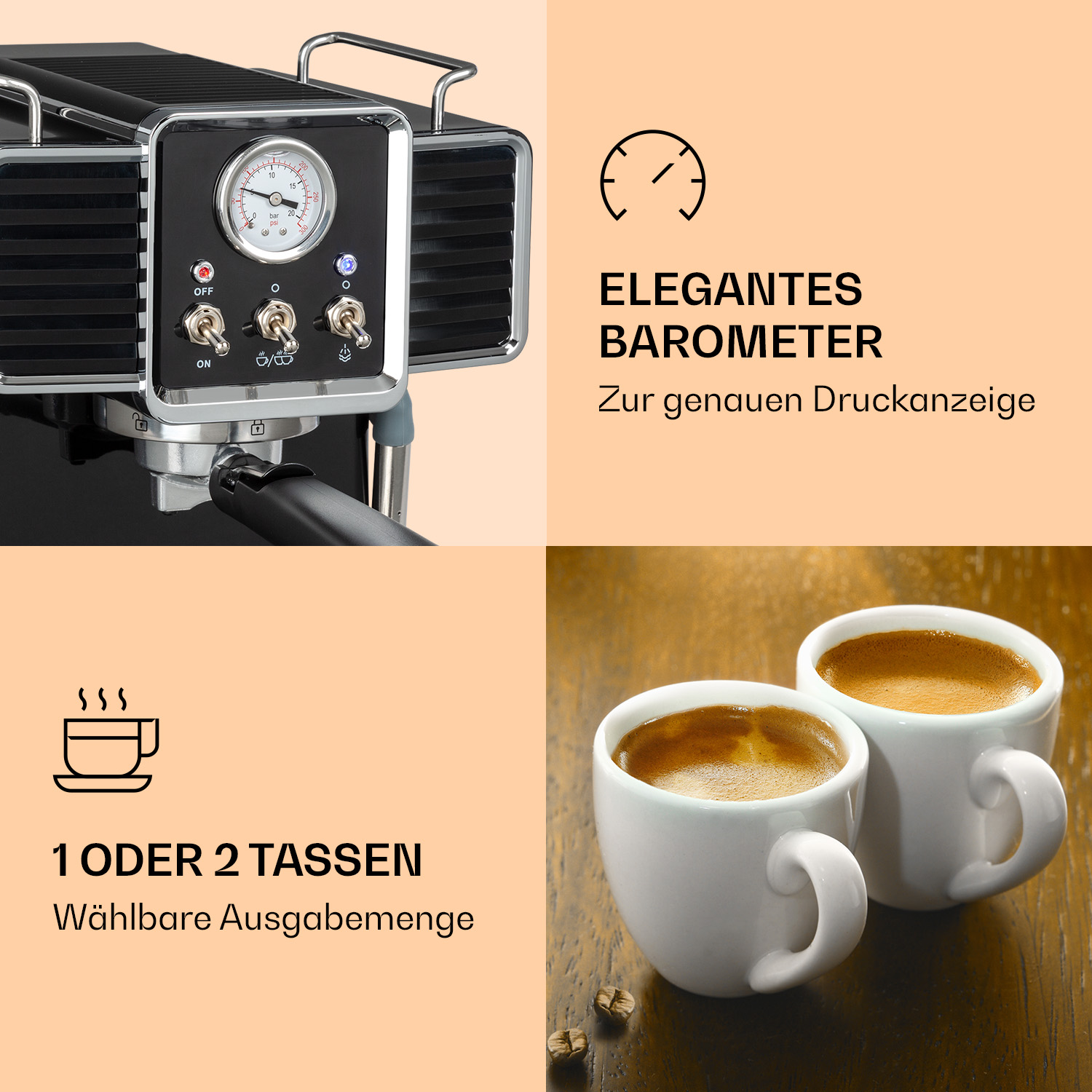 Macchina del caffè con barometro e tazze di caffè. Il testo dice: "1 o 2 tazze" e "elegante barometro".
