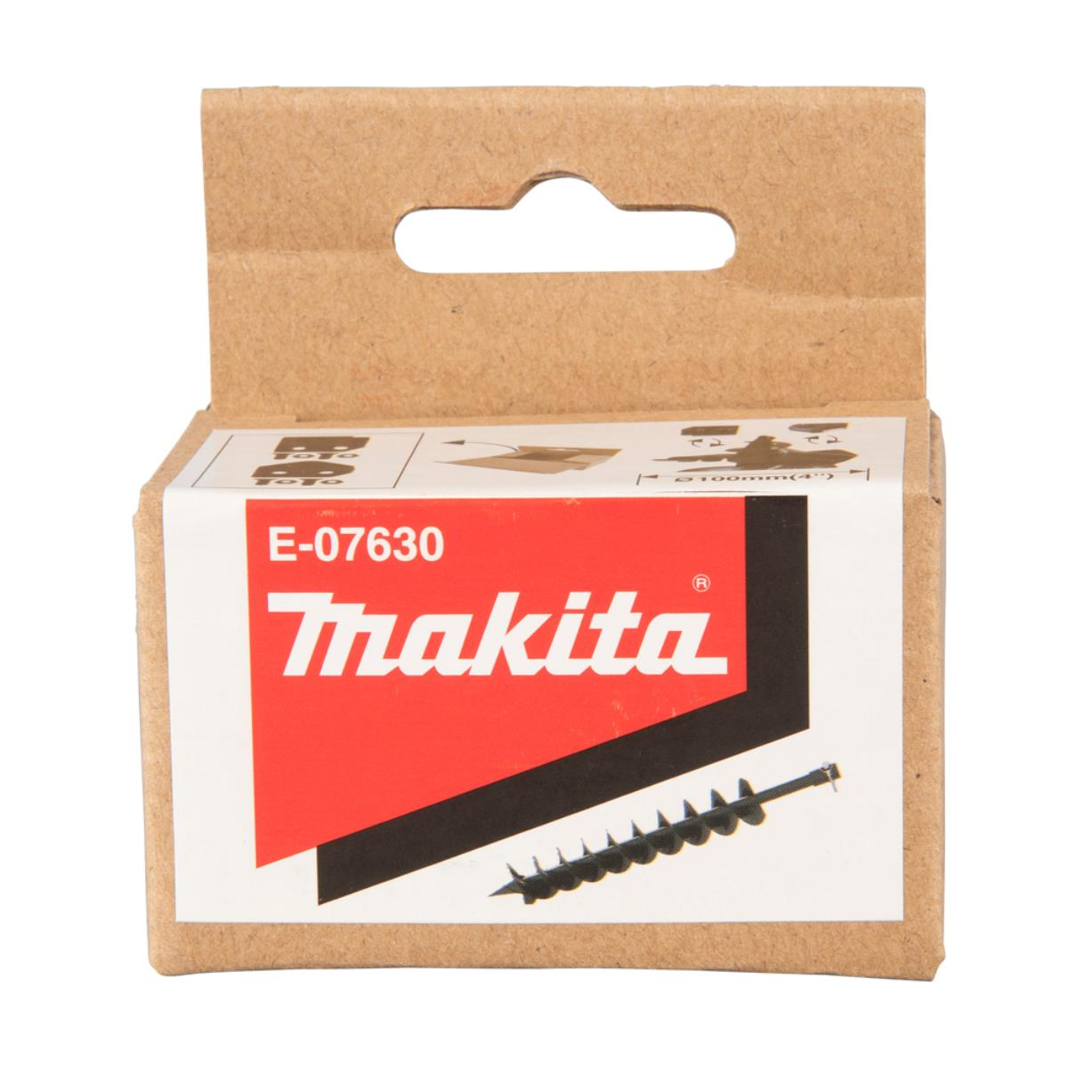 Makita-Box, geschlossen, zeigt Produktdetails und eine Abbildung eines Bohrers, vor weißem Hintergrund.