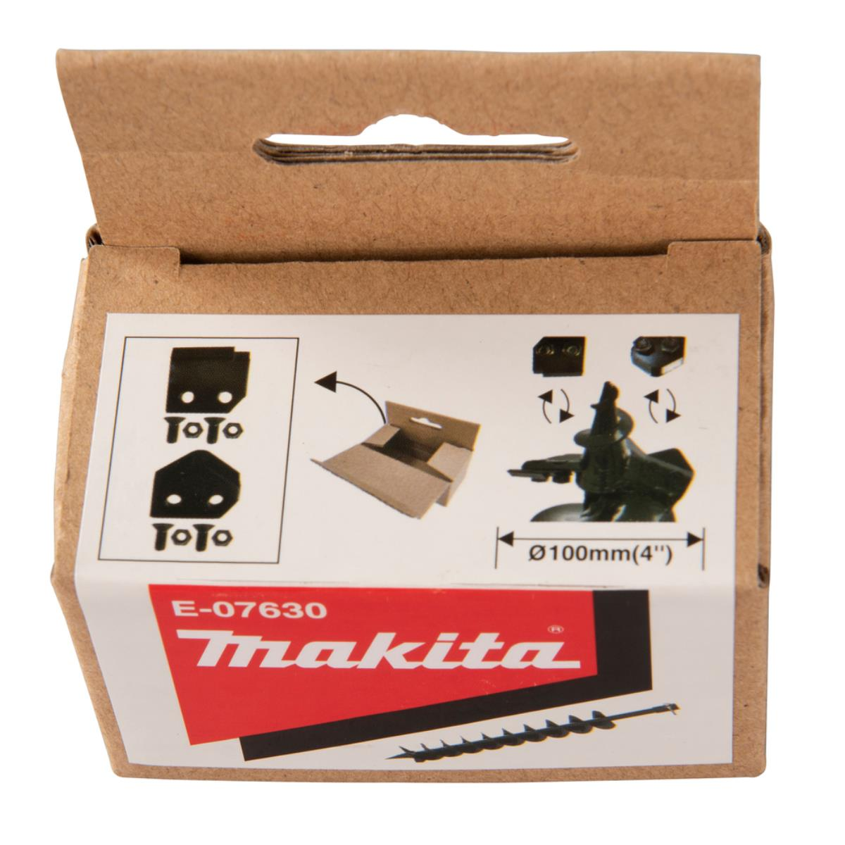 Makita Bohrerbox, teilweise geöffnet, zeigt Produktdetails und eine Abbildung des Bohrers, vor weißem Hintergrund.