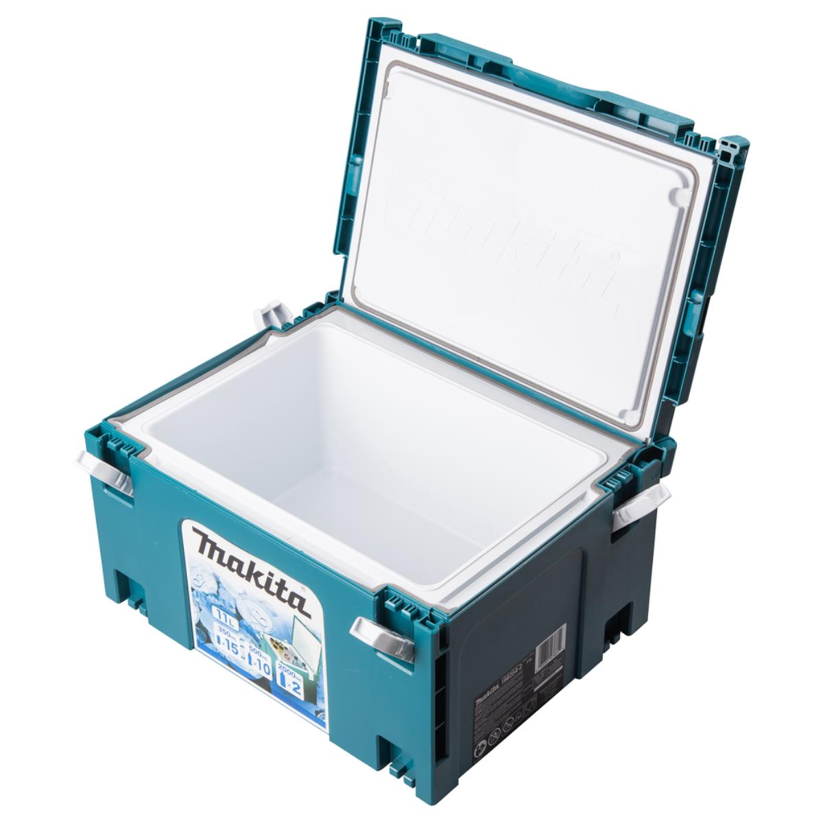 Contenitore termico Makita aperto, color verde acqua, con interno bianco e guarnizione nera, su sfondo bianco.