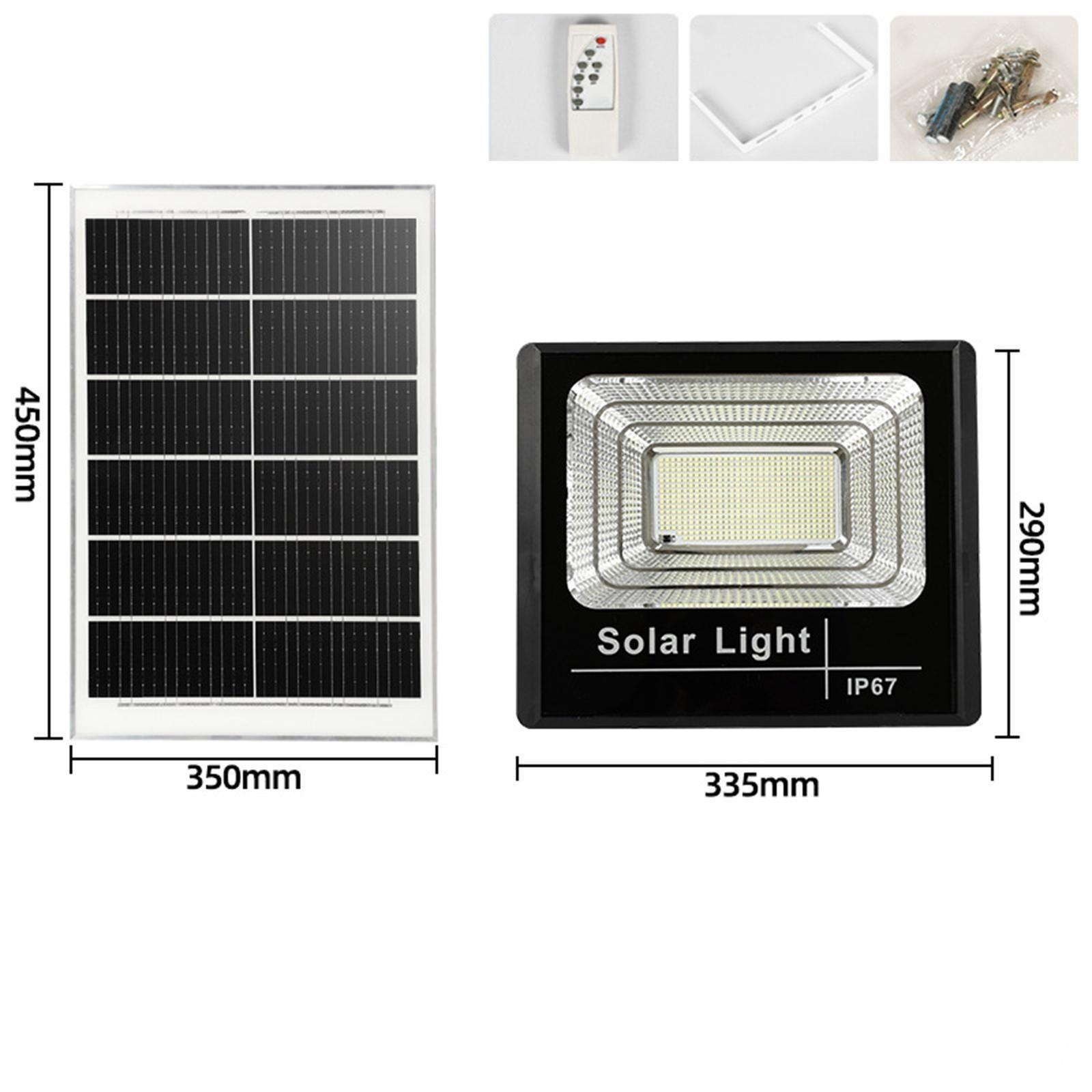 Solarpanel und Licht mit Abmessungen. Das Licht ist schwarz mit weißen Lichtern. Weißer Hintergrund.