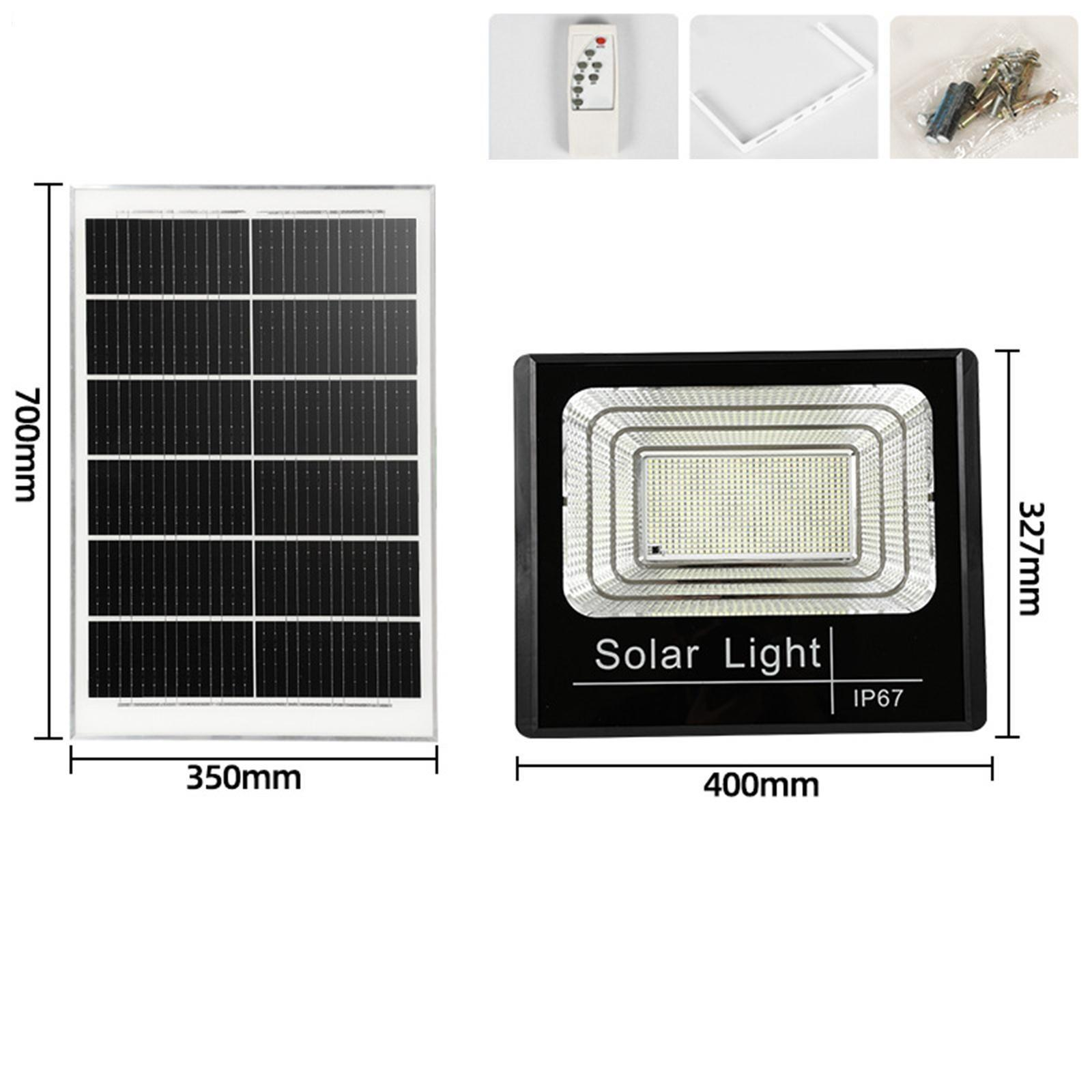 Solarpanel und Licht mit Abmessungen. Das Licht ist schwarz mit weißen Lichtern. Weißer Hintergrund.