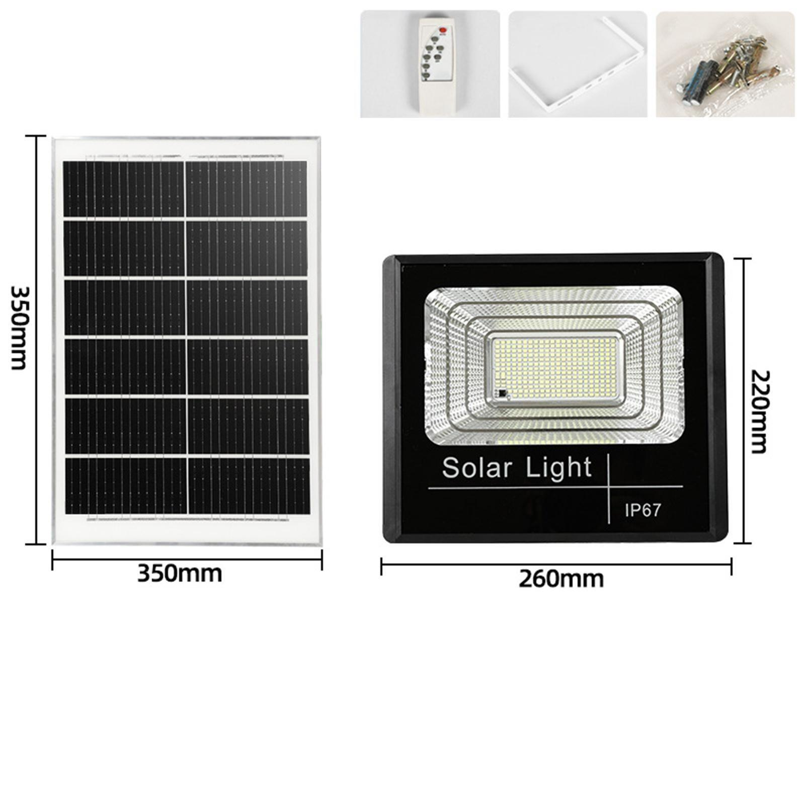 Solarpanel und Licht mit Abmessungen. Das Licht ist schwarz mit weißen Lichtern. Weißer Hintergrund.