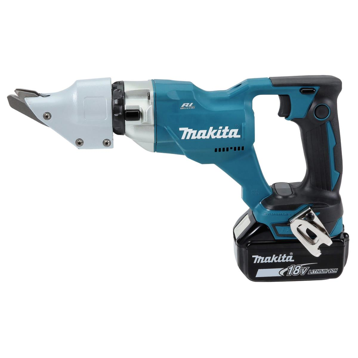 Un elettroutensile Makita turchese con testa argentata e batteria nera.