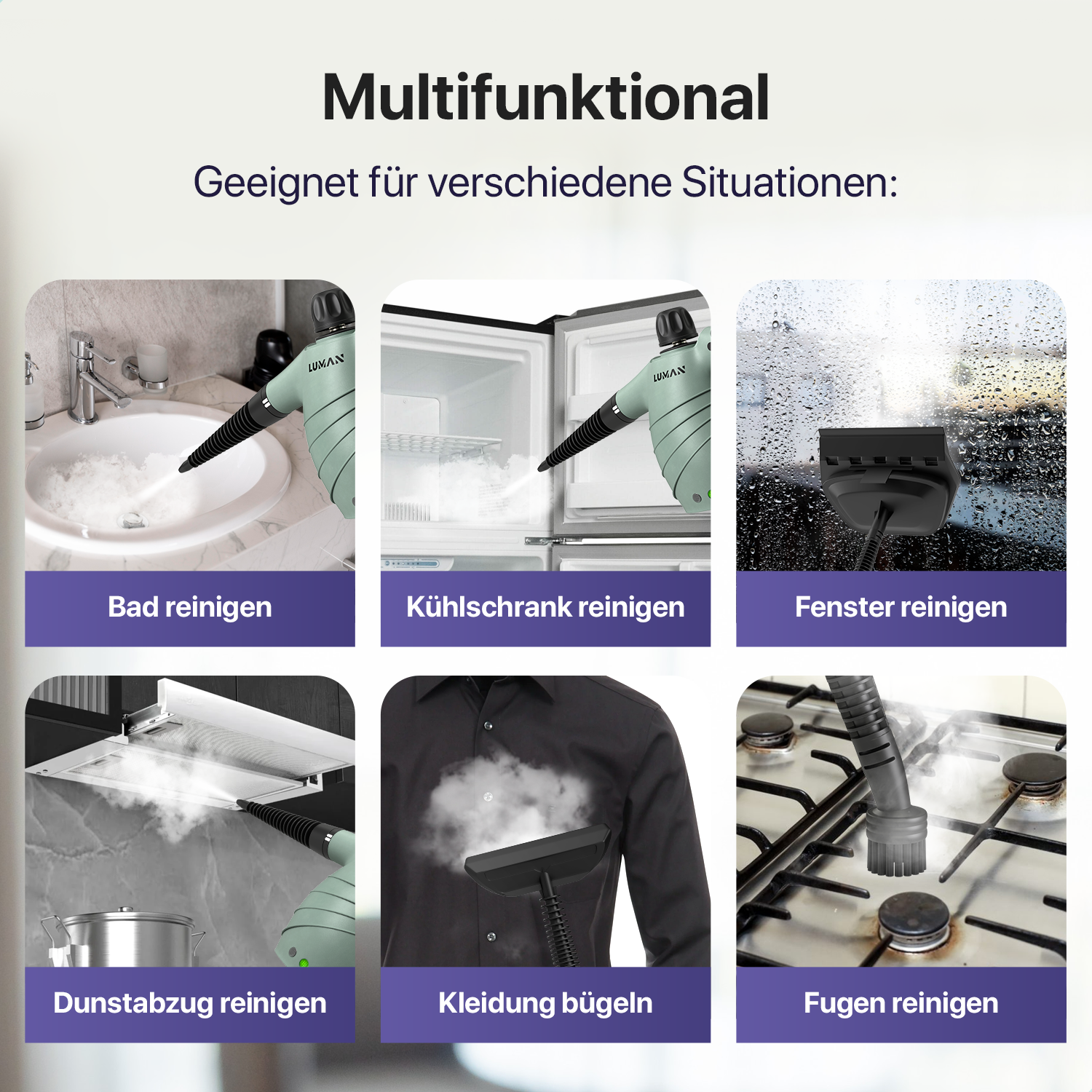 Produkt mit Reinigungsanwendungen: Badezimmer, Kühlschrank, Fenster, Dunstabzugshaube, Kleidung und Herd.