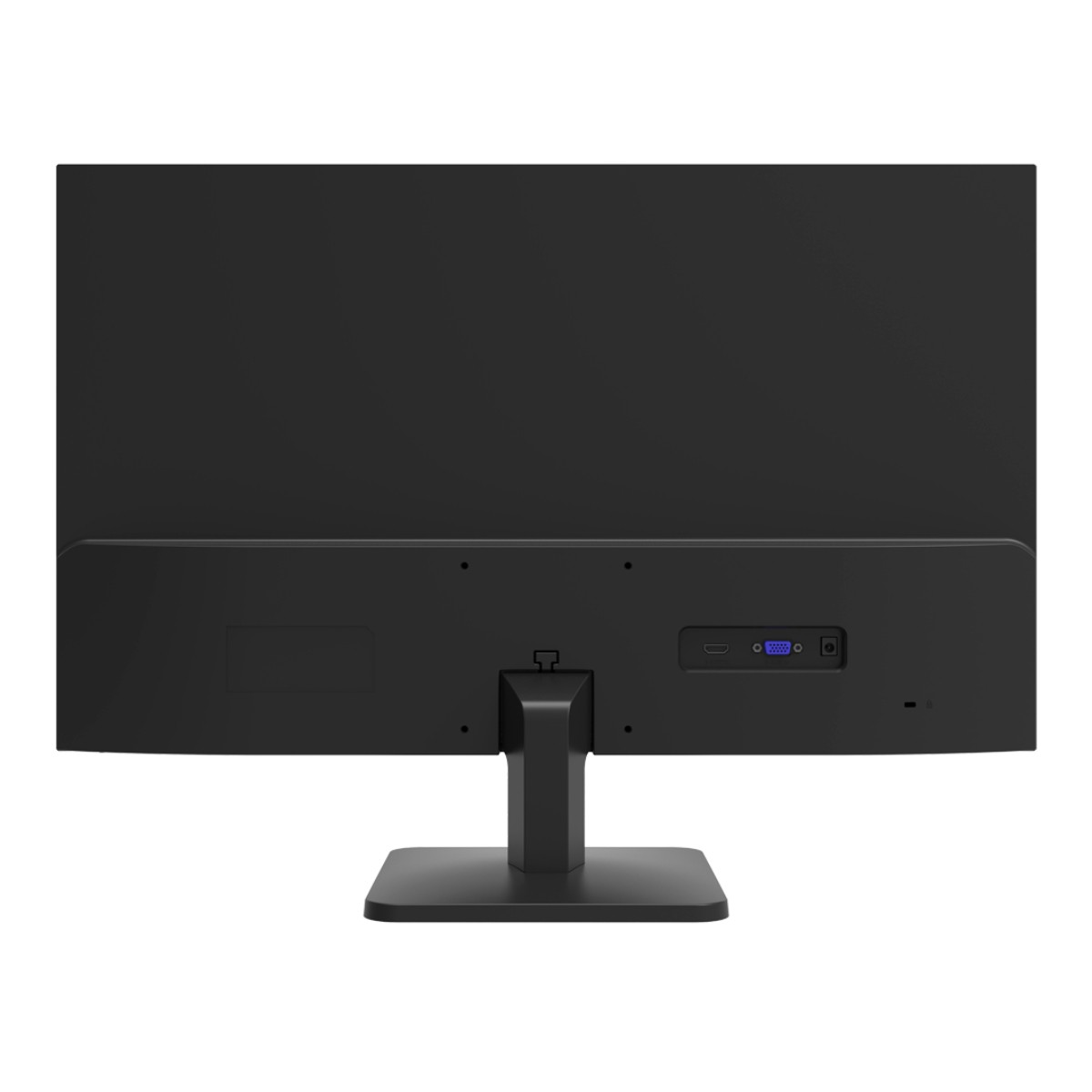 Retro di un monitor nero su sfondo bianco. Porte e supporto visibili.