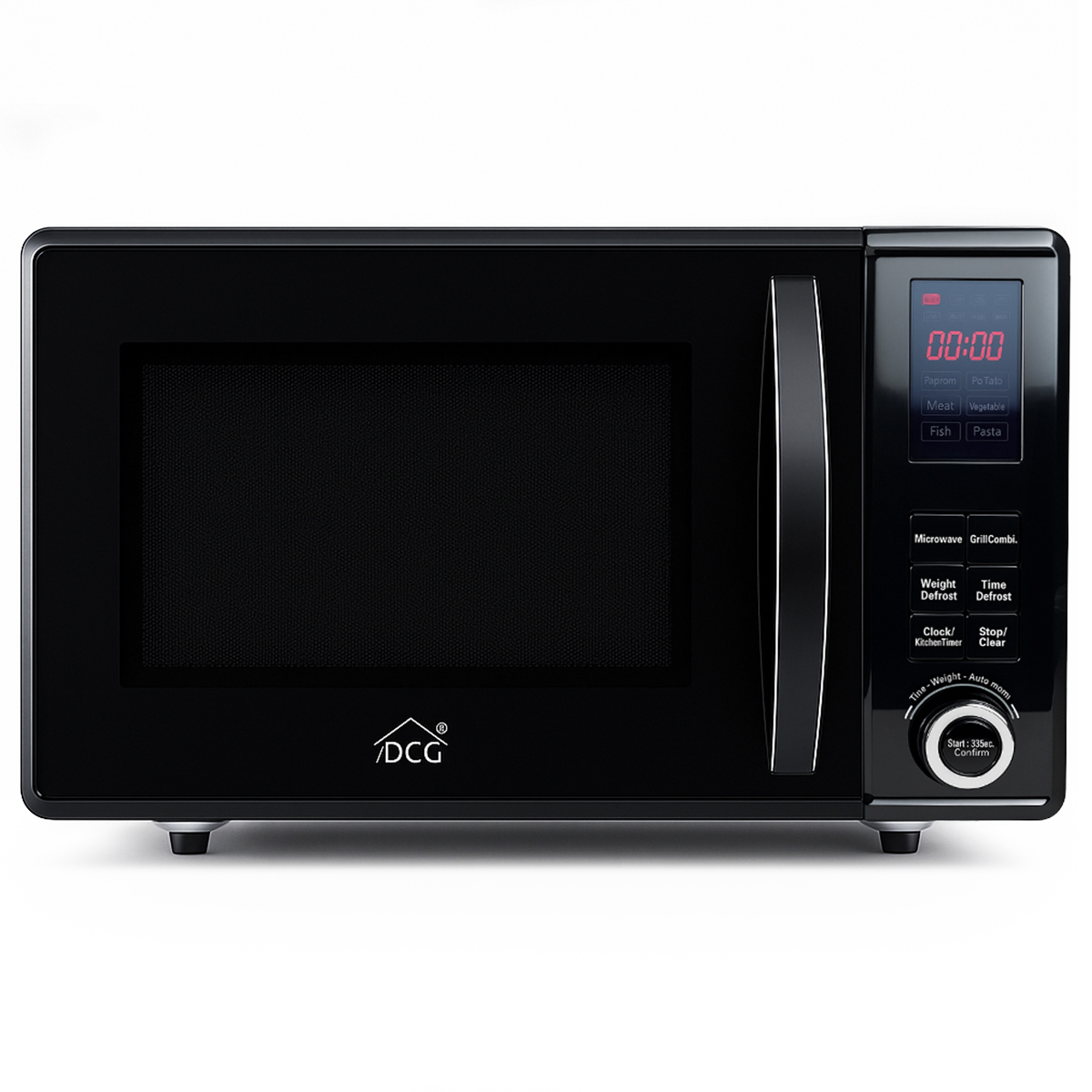 Un forno a microonde nero con maniglia e display digitale che mostra l'ora. Pulsanti sul lato destro.