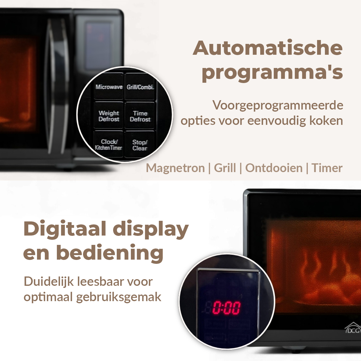Primo piano di un microonde nero con pulsanti e display digitale. Il testo descrive le funzionalità.