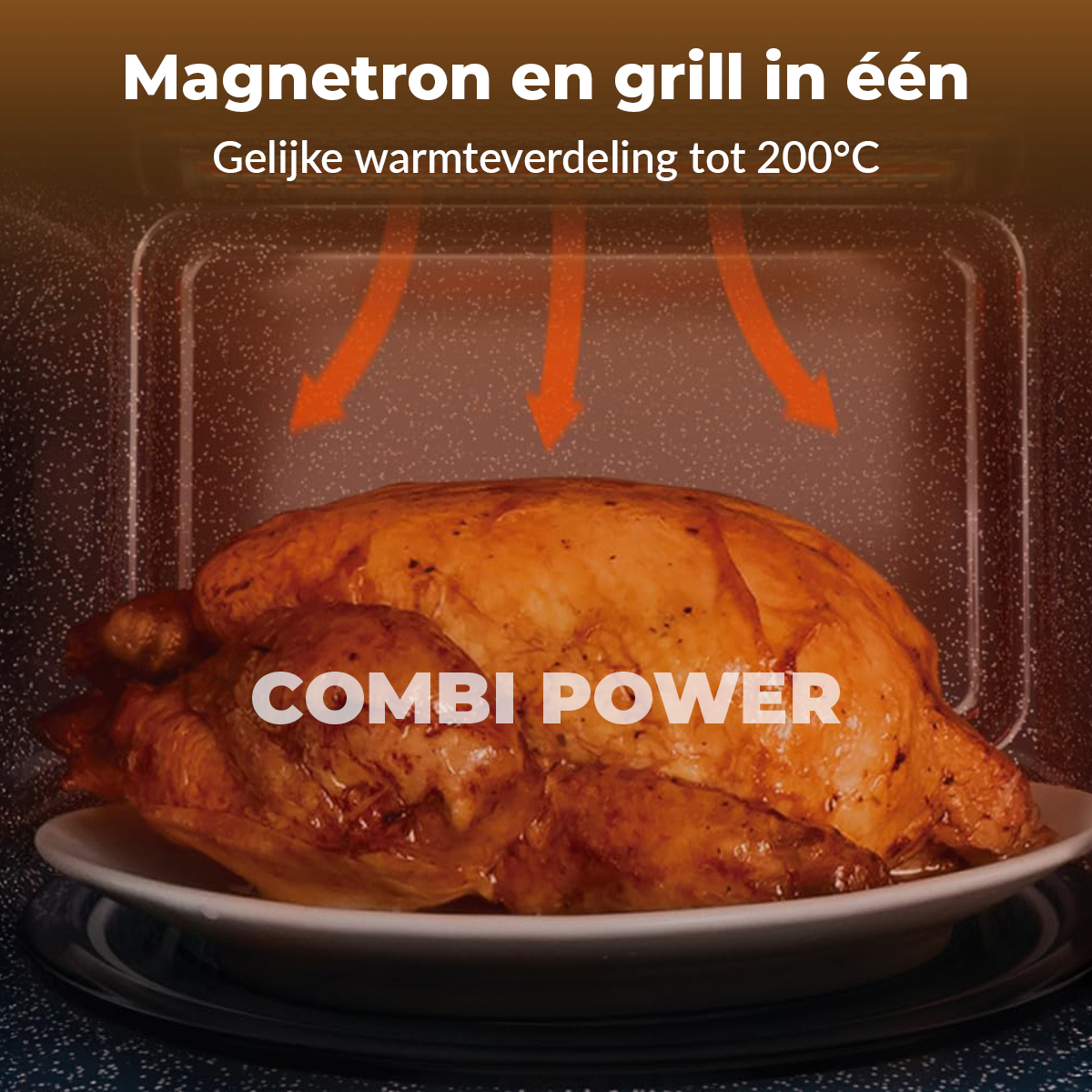 Un pollo arrosto su un piatto bianco all'interno di un microonde. La porta del microonde è leggermente aperta.