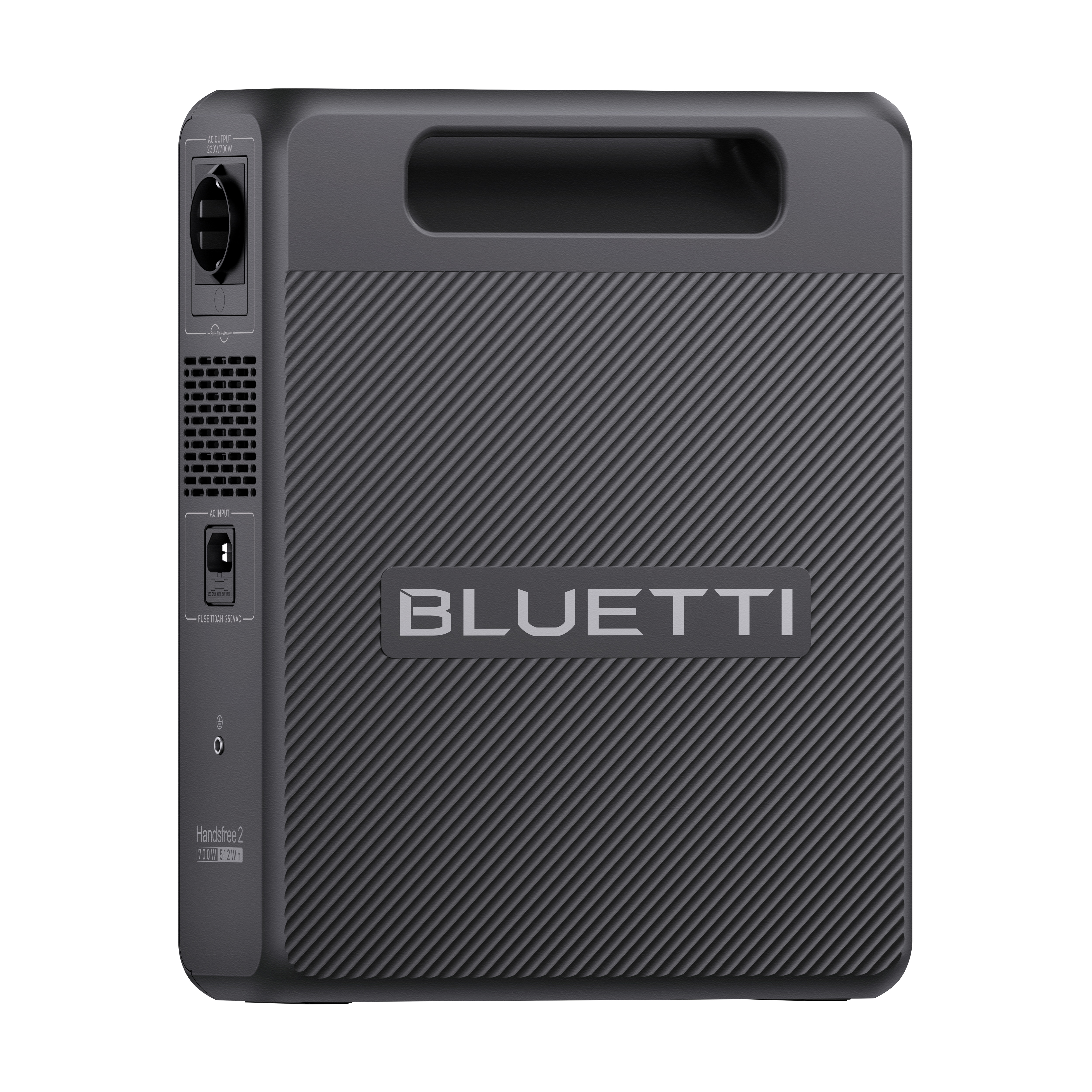 Czarna stacja zasilania Bluetti Handsfree 2. Ma porty i uchwyt. Widoczna jest nazwa marki. Białe tło.