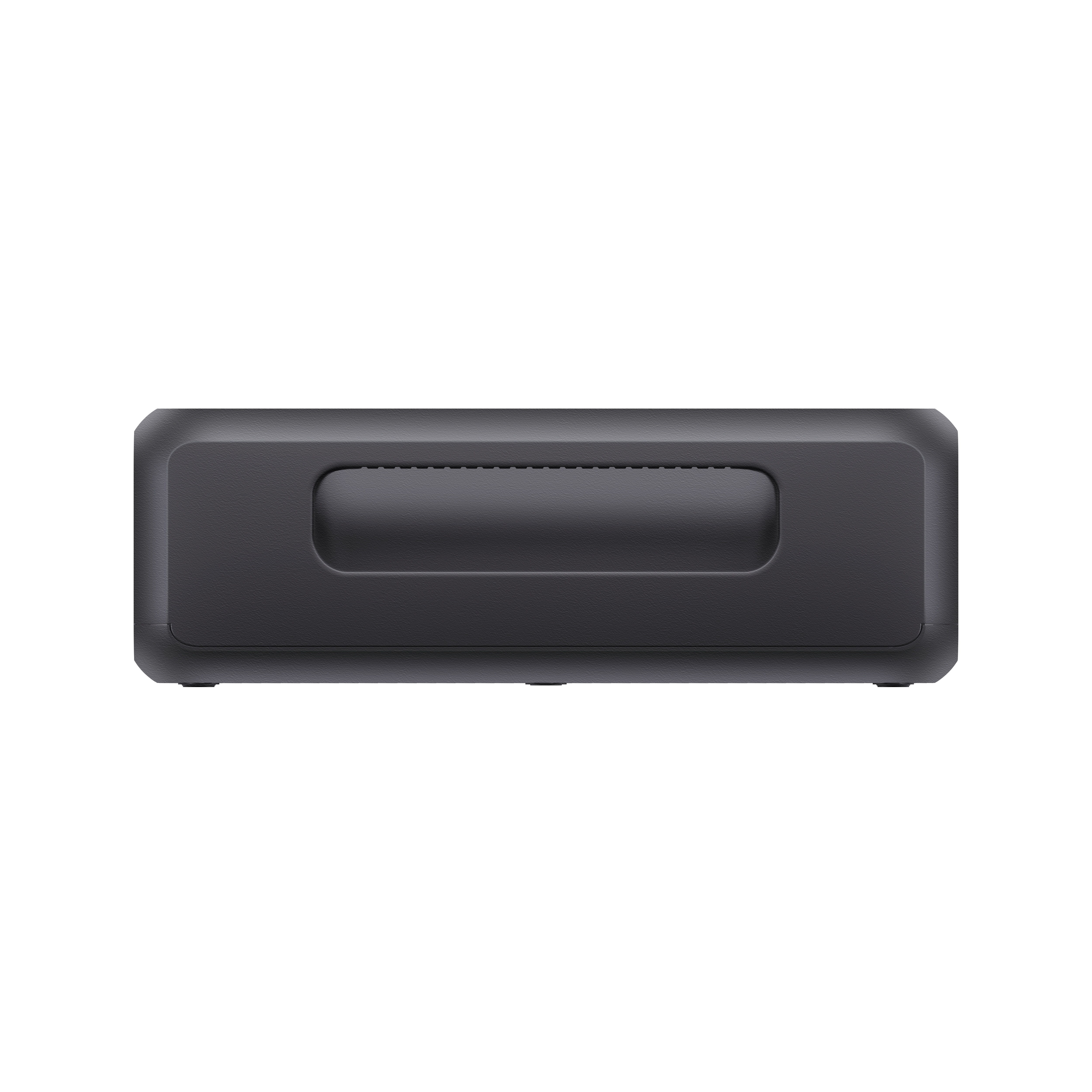 Czarny power bank z wgłębieniem na uchwyt. Zaokrąglone rogi. Górna część ma prostokątny uchwyt.