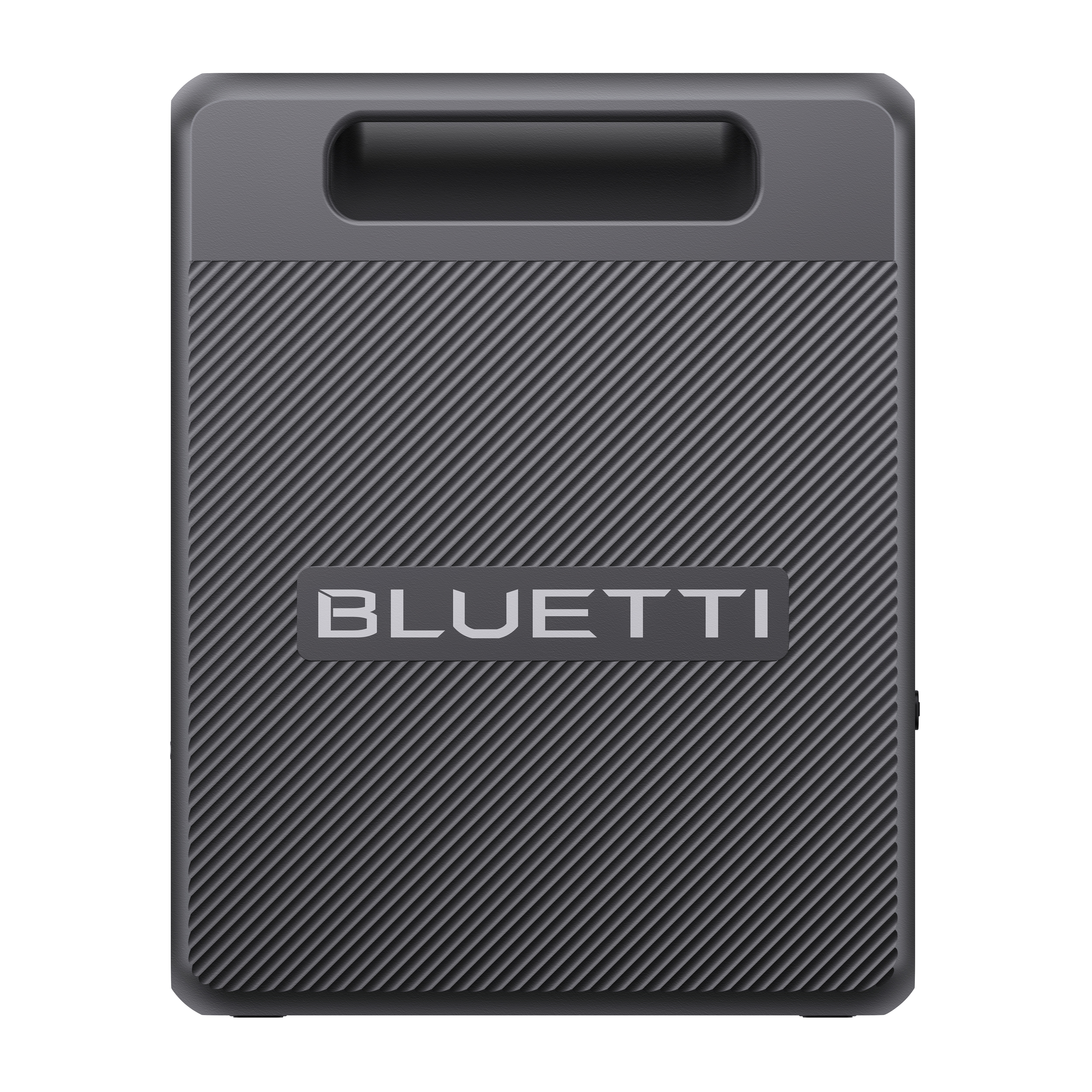 Czarna stacja zasilania Bluetti z uchwytem. Widoczna jest nazwa marki. Powierzchnia ma linie ułatwiające chwyt.