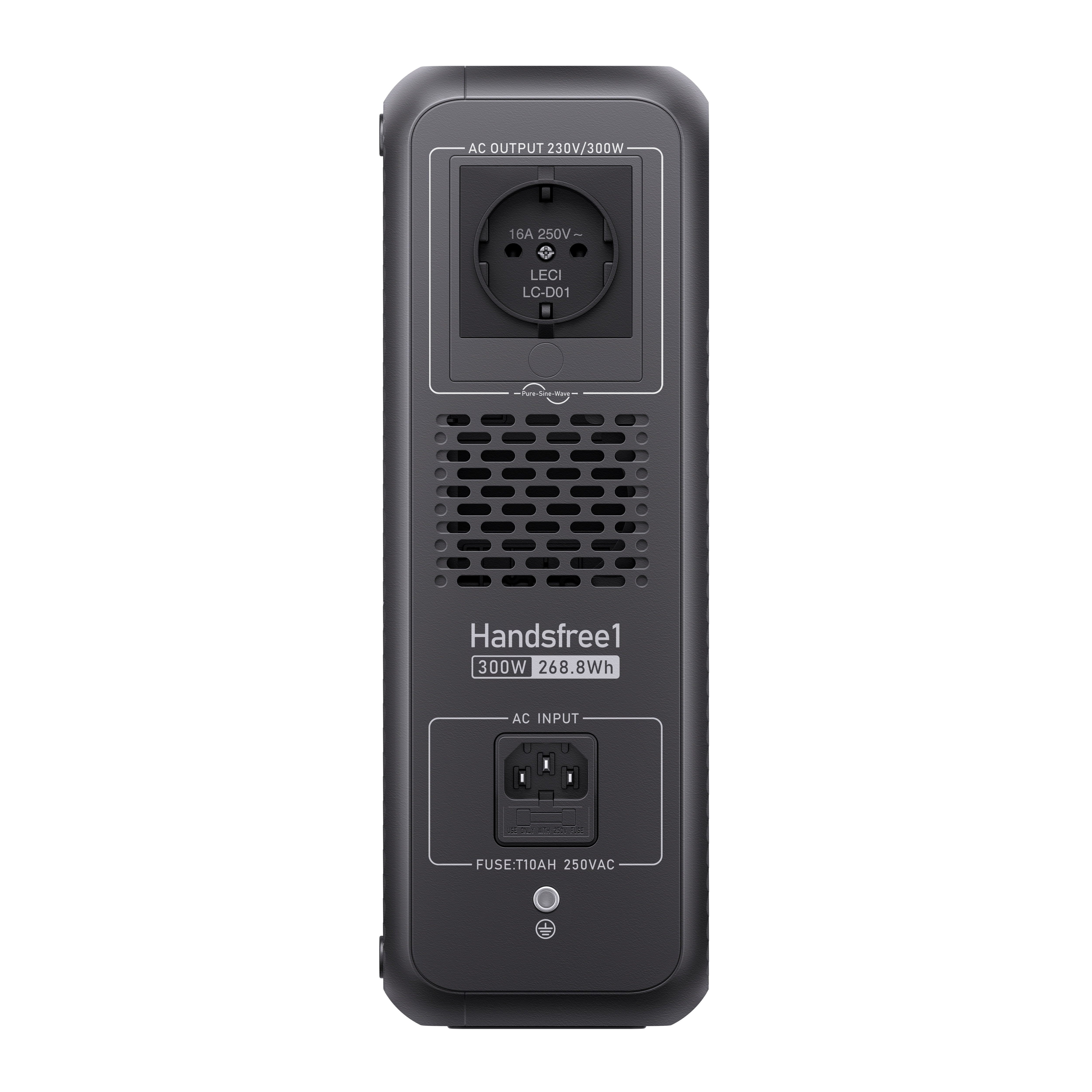 Czarna stacja zasilania Bluetti Handsfree 1. Widoczna jest strona z portami. Białe tło.