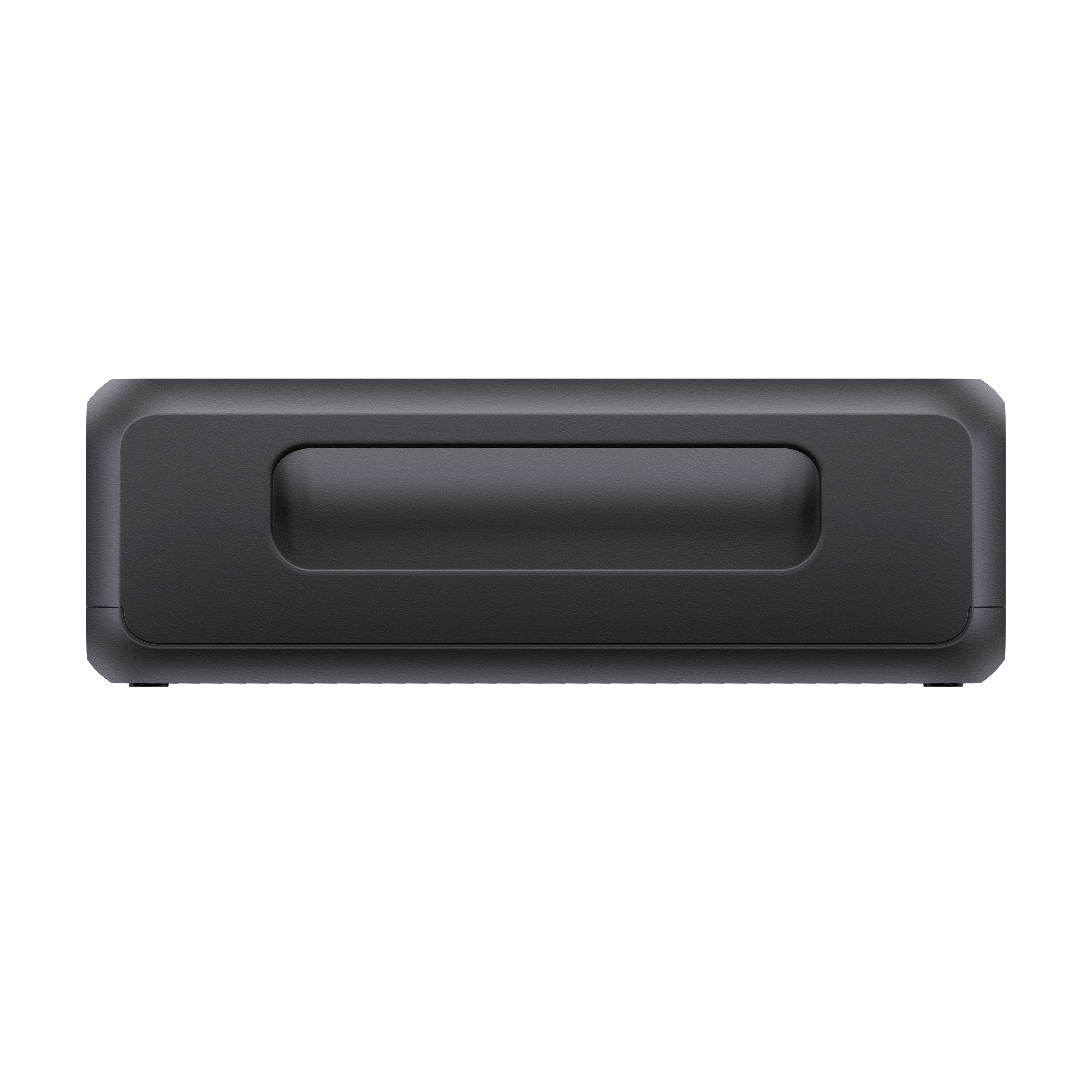 Czarny power bank z wgłębieniem na uchwyt. Zaokrąglone rogi. Górna część ma prostokątny uchwyt.