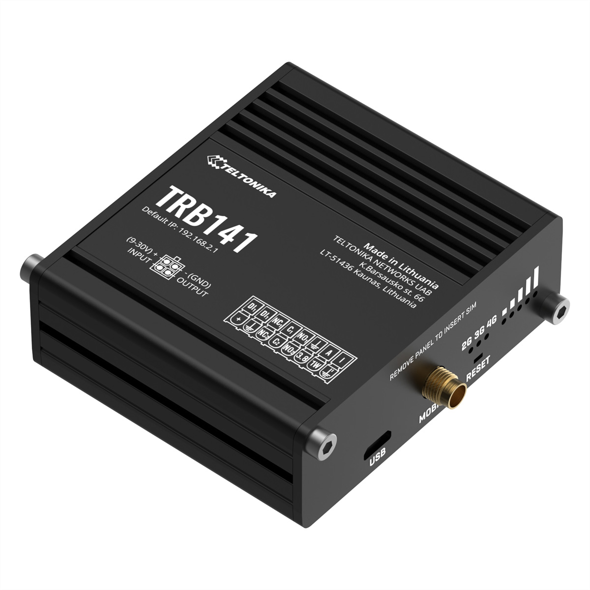 Zwarte Teltonika TRB141 router, bovenaanzicht, met labels, poorten en antenneconnectoren.