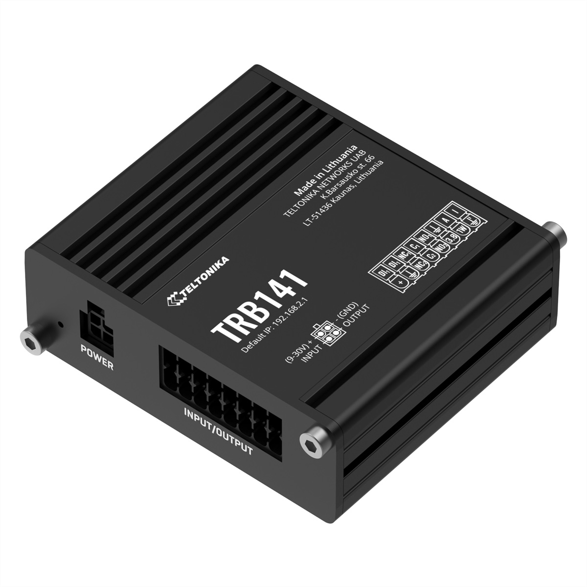Zwart TRB141-apparaat met poorten, tekst: Teltonika, Made in Lithuania, TRB141, input/output details en IP-adres.