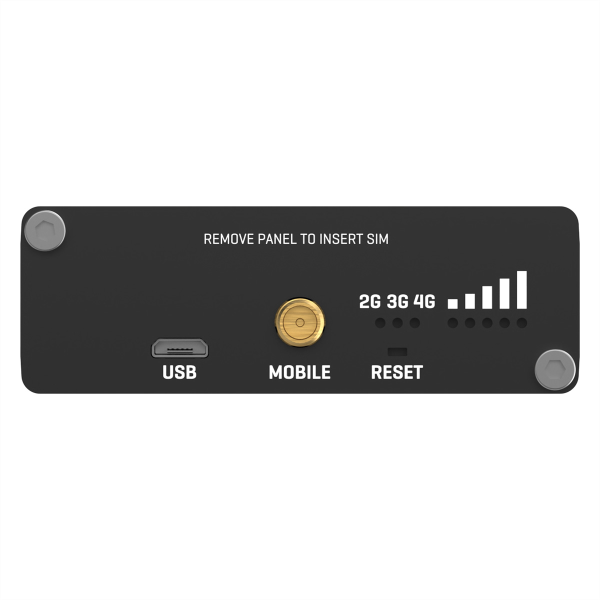 Zwart apparaat met USB-, Mobile-, Reset-poorten en signaalindicatoren. Tekst: Verwijder paneel om SIM in te voegen.