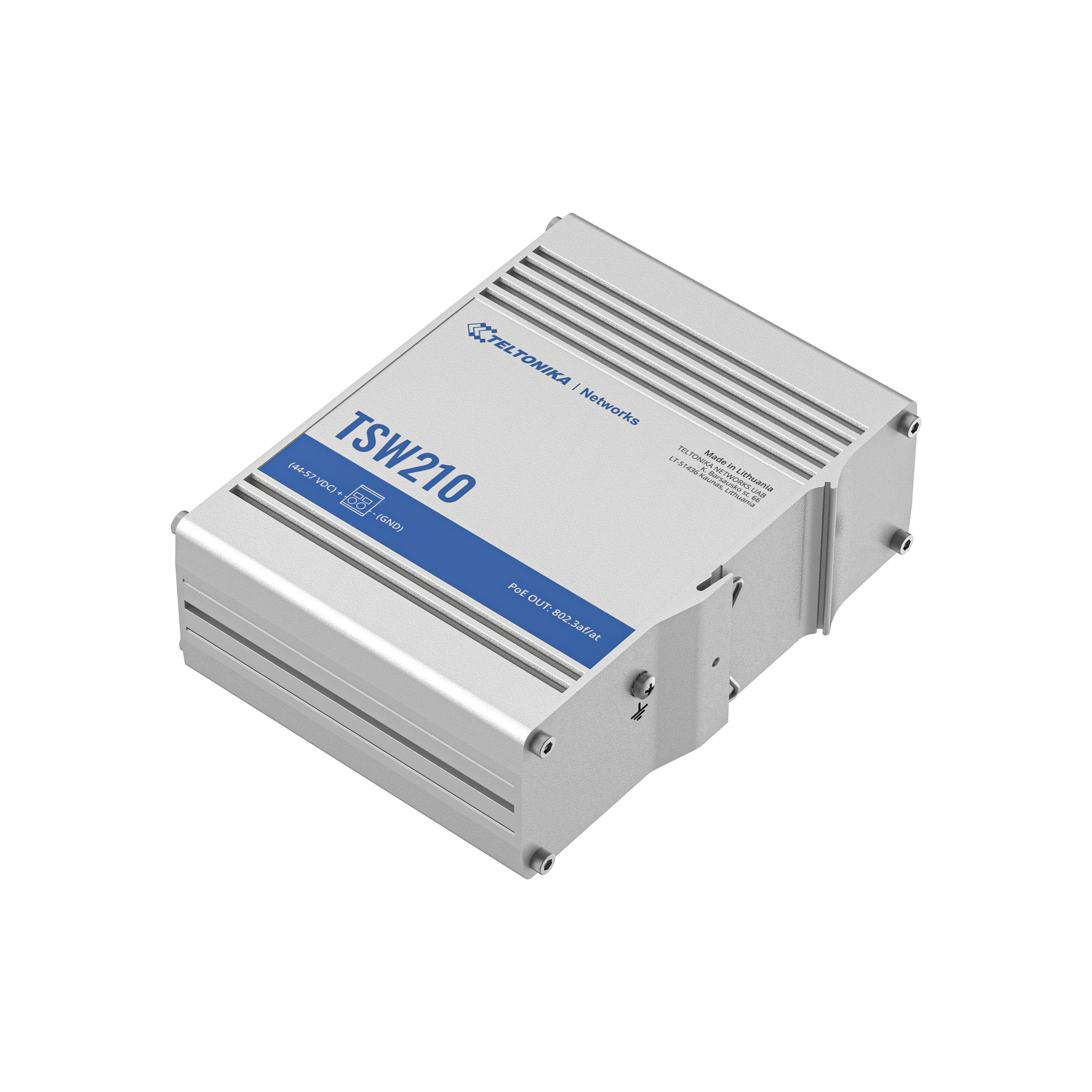 Dispositivo argento TSW210 con testo blu, logo Teltonika. Su sfondo bianco.