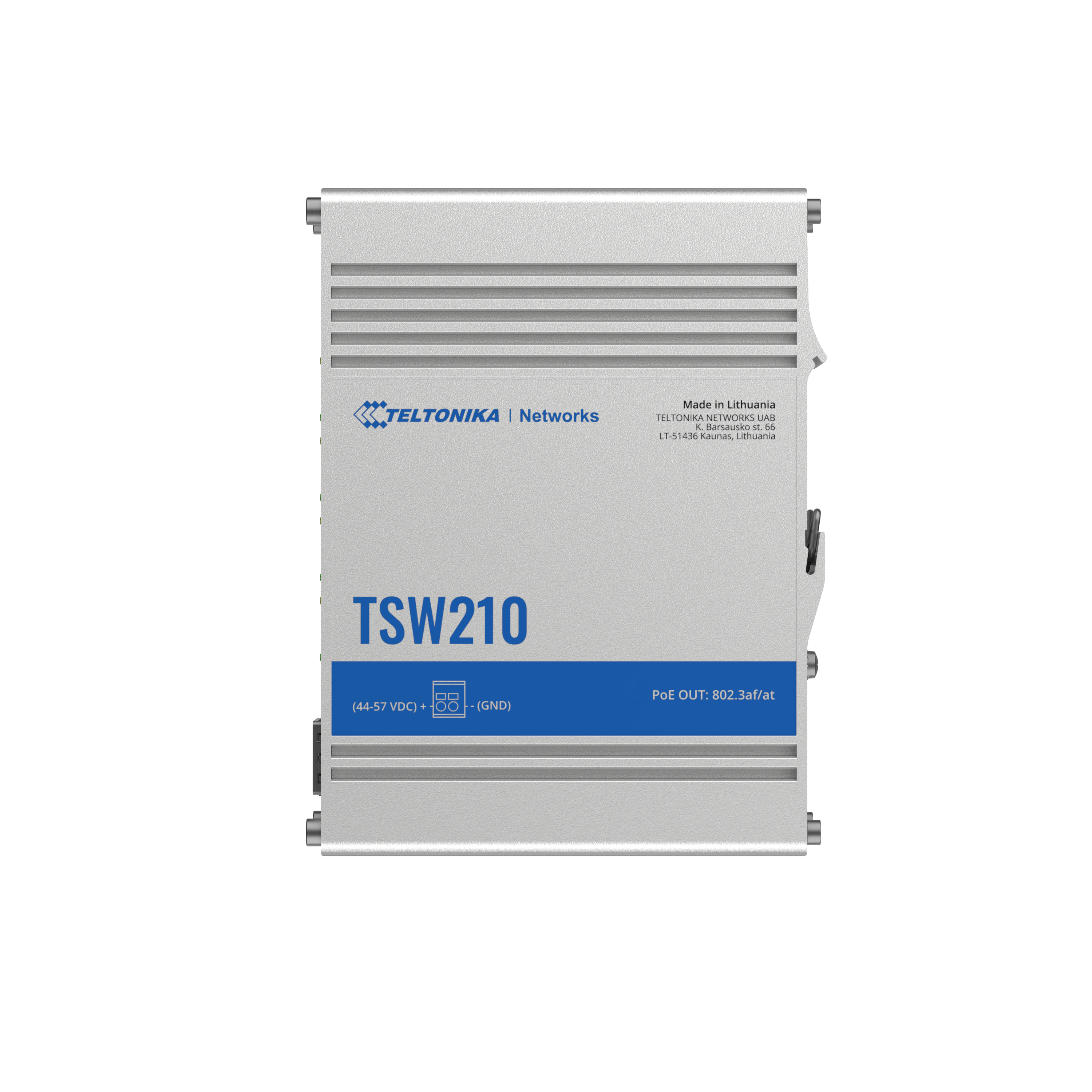 Vista dall'alto dello switch TSW210 argento. Logo Teltonika Networks visibile.