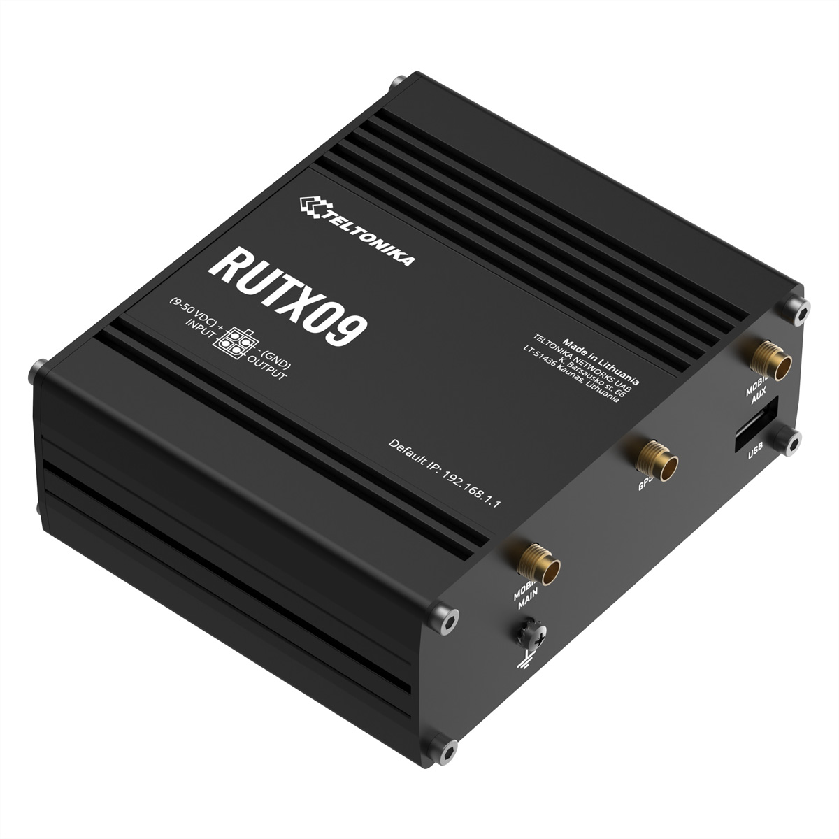 Zwarte RUTX09 router met antennes en poorten. Teltonika logo bovenop.