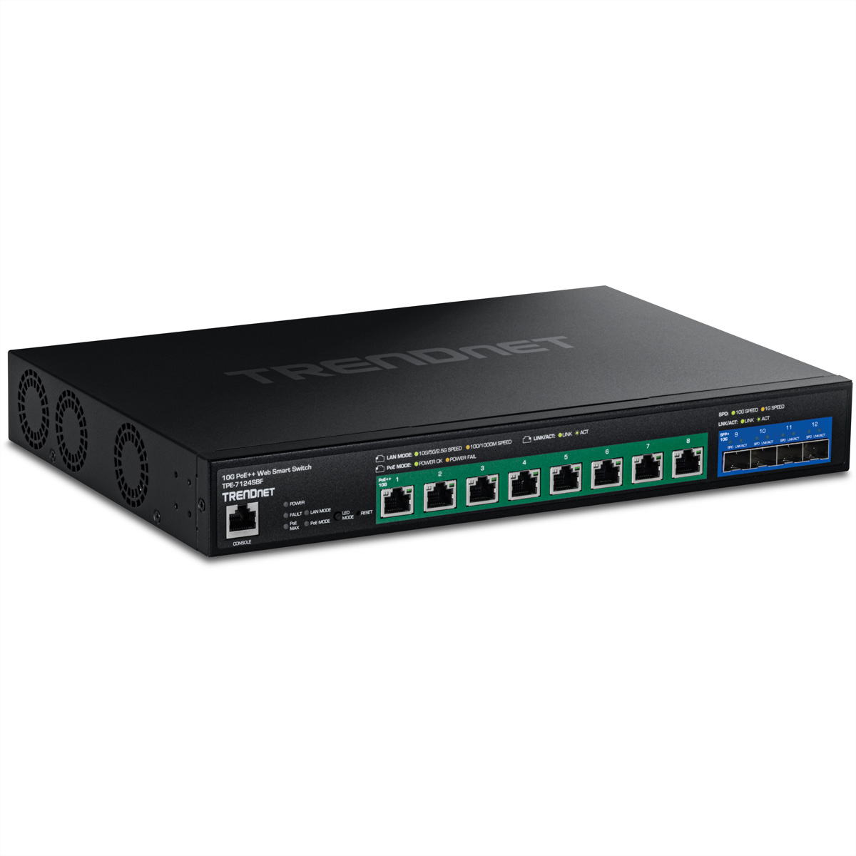Commutateur TRENDnet noir avec plusieurs ports et étiquettes en façade.