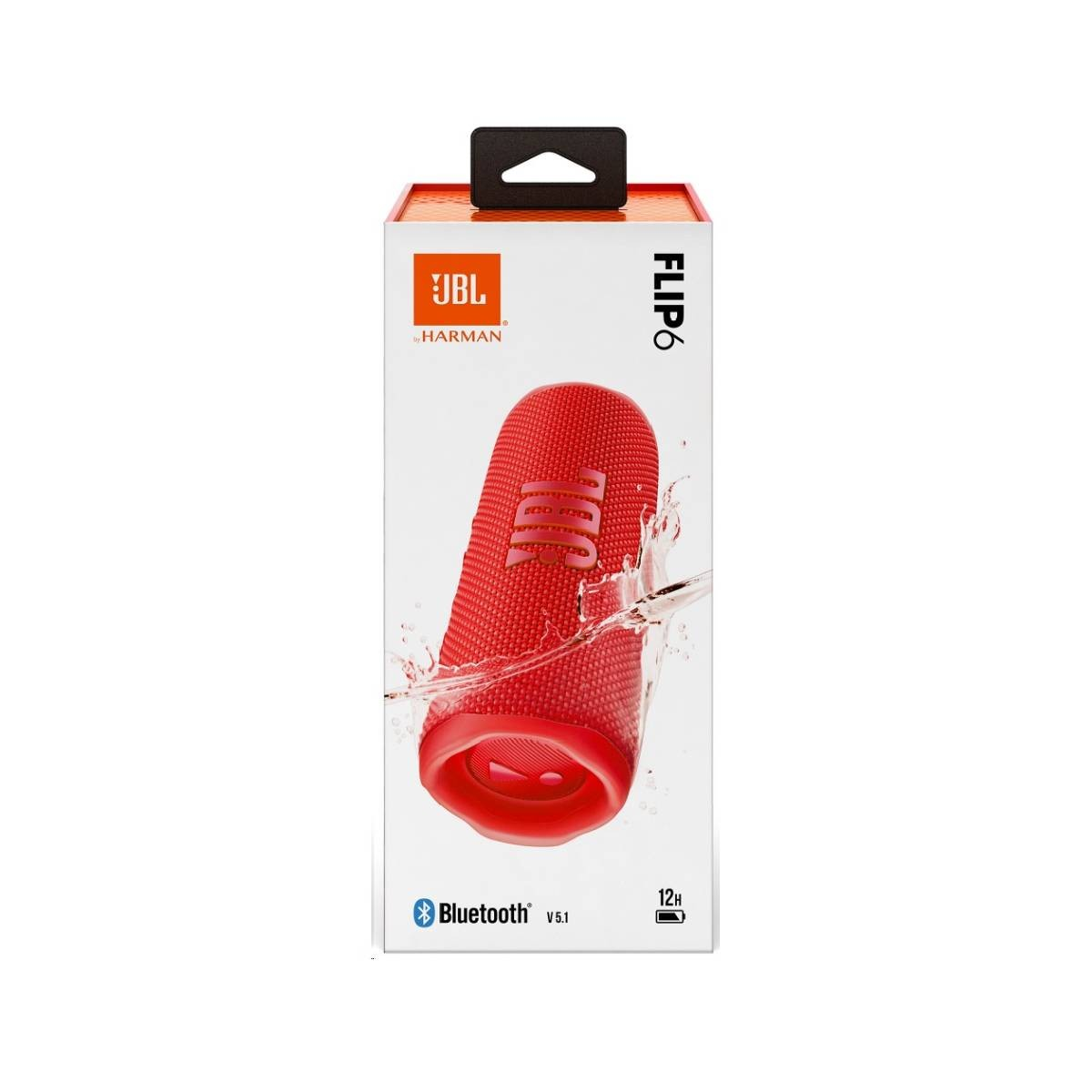 Roter JBL Flip 6 Lautsprecher in einer weißen Box. Wasserspritzeffekt. Die Box hat Bluetooth und JBL Logos.