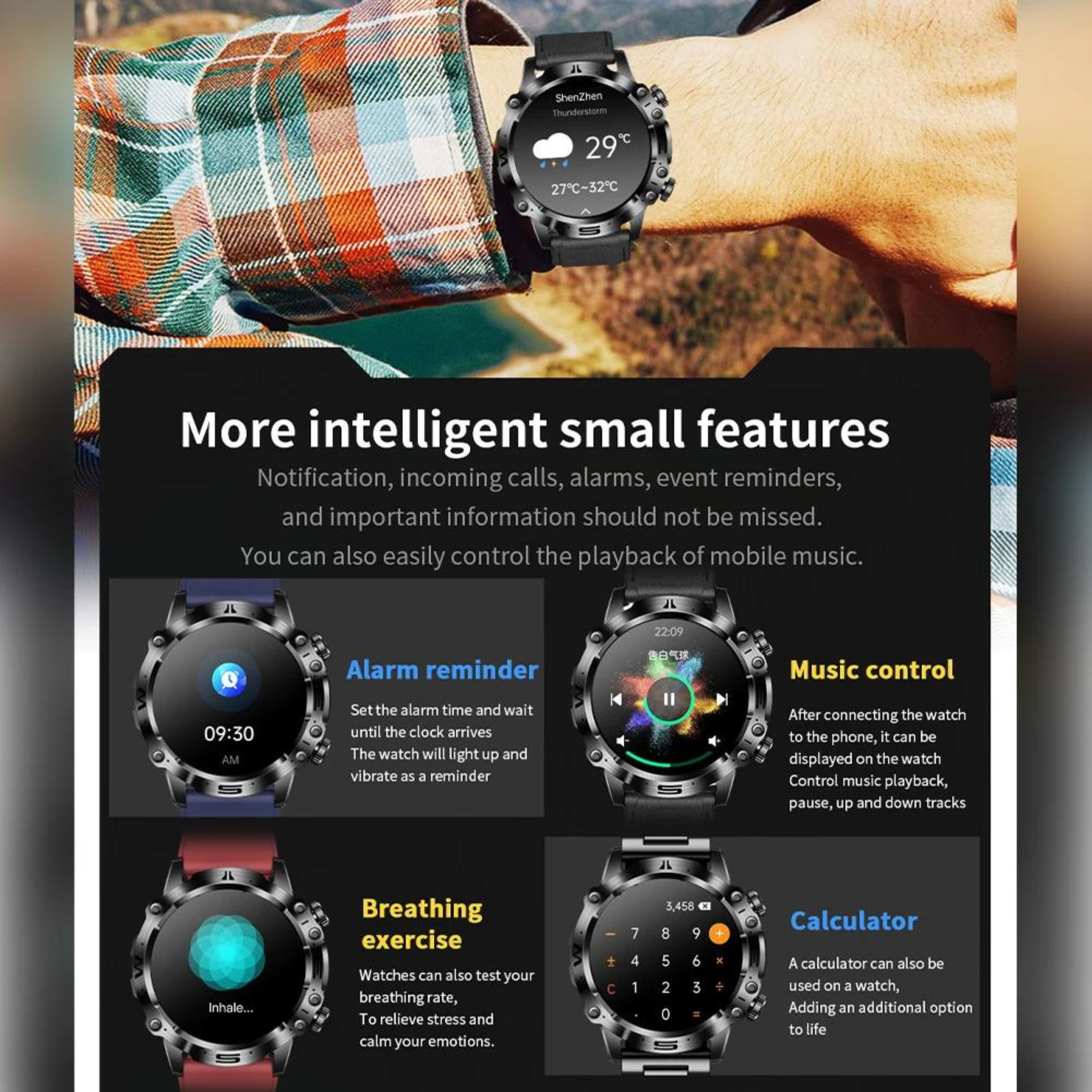 Smartwatch na nadgarstku wyświetla małe funkcje: alarm, sterowanie muzyką, ćwiczenia oddechowe, kalkulator i pogoda.