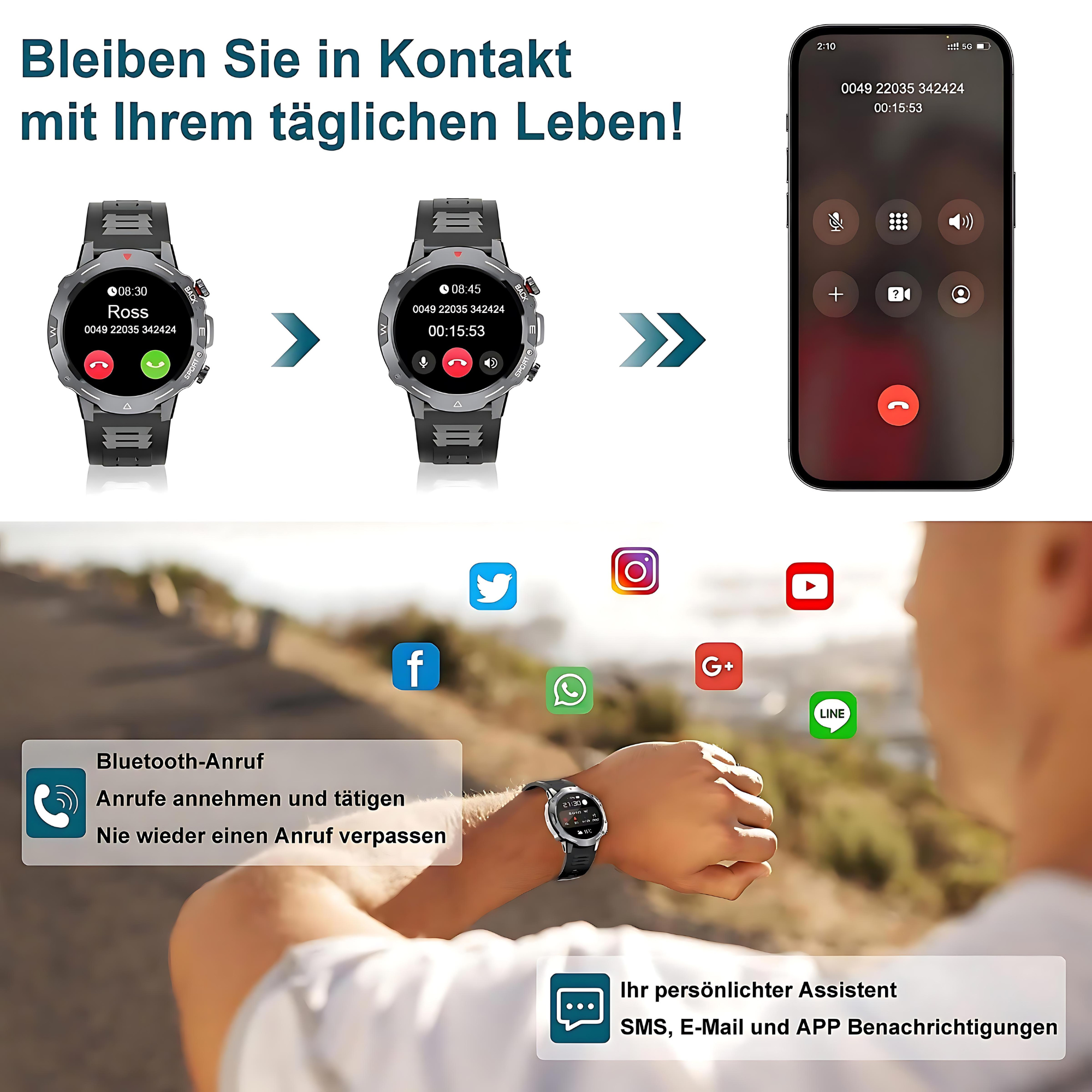 Obraz przedstawia smartwatche i telefon pokazujący połączenia. Tekst promuje pozostawanie w kontakcie z codziennym życiem.