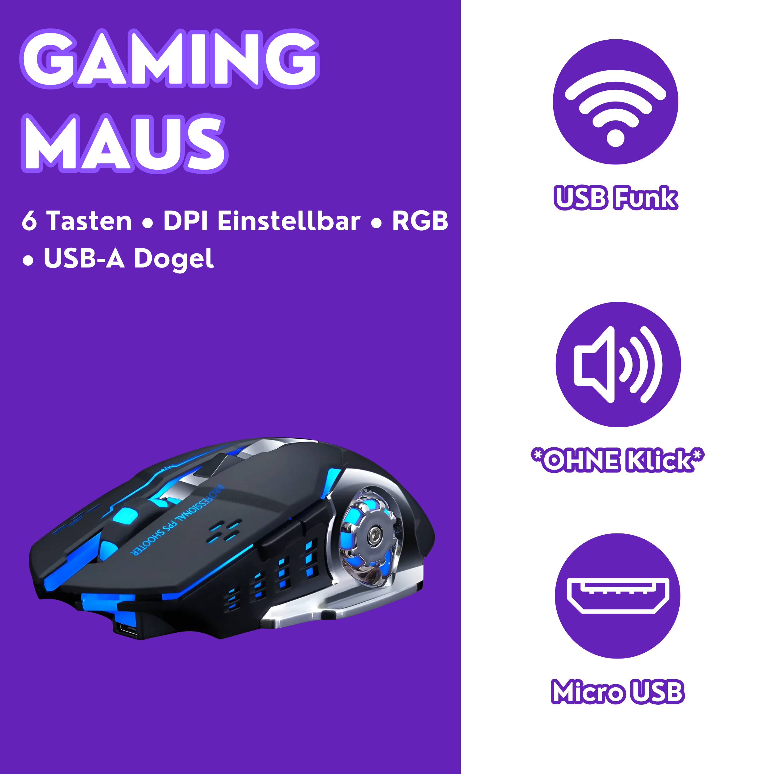 Gaming-Maus mit blauen Lichtern. Features: USB, DPI-Einstellungen und RGB. Hintergrund: lila Text und Symbole.