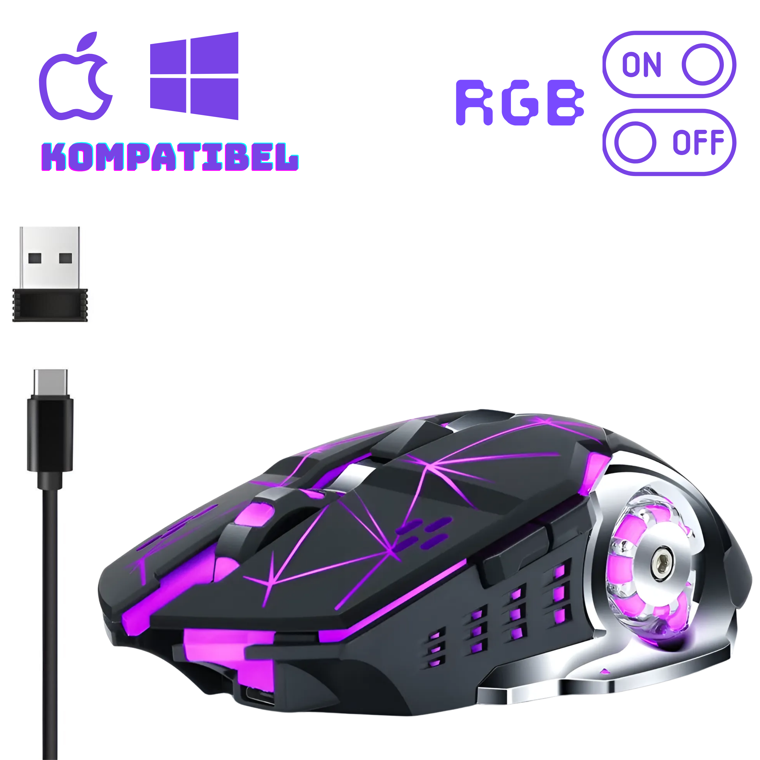Gaming-Maus mit lila und rosa RGB-Beleuchtung. Enthält einen USB-Empfänger und ein USB-C-Kabel. Hintergrund: weiß.
