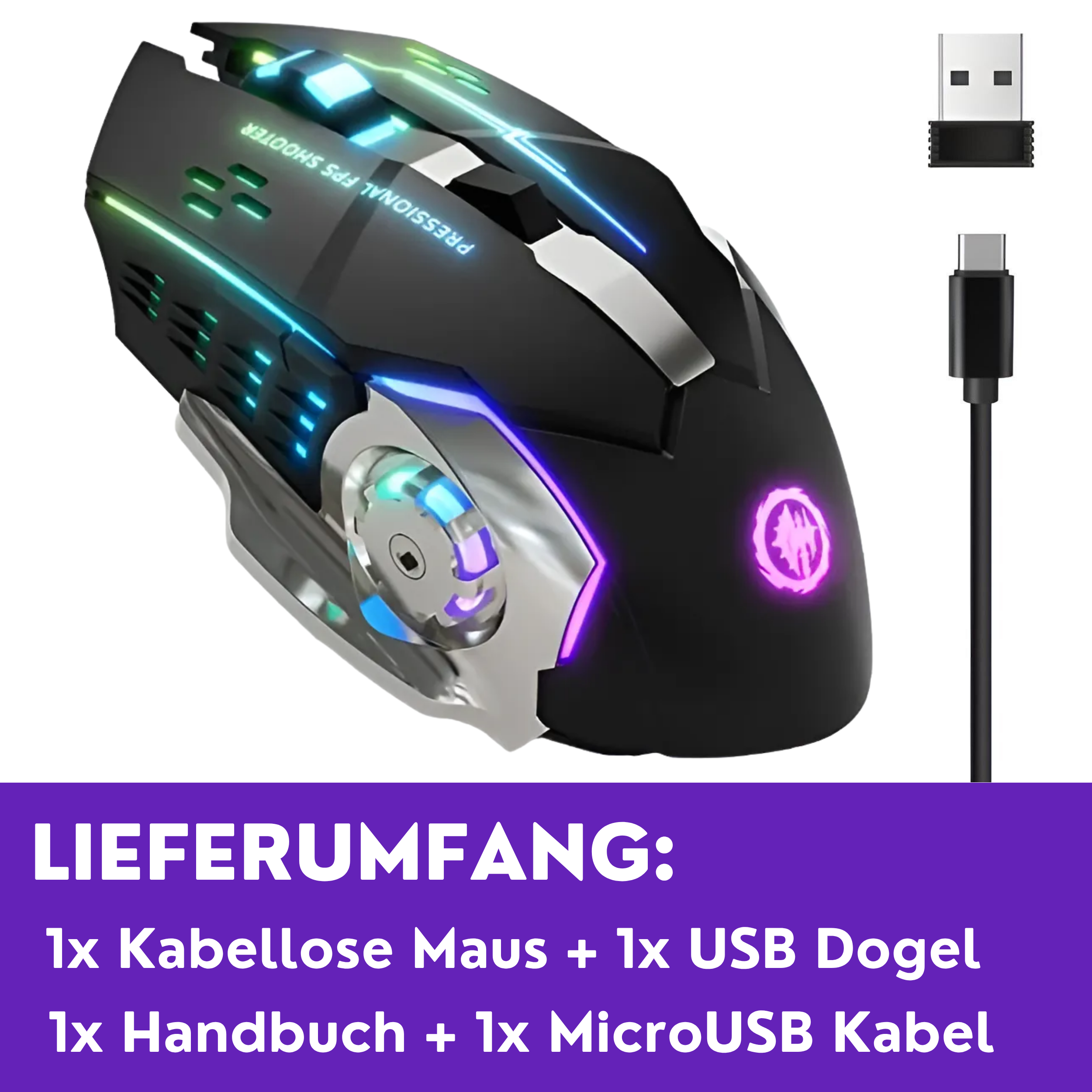 Gaming-Maus-Set mit USB-Empfänger und USB-C-Kabel. Hintergrund: weiß. Enthält Maus, USB-Dongle und Kabel.